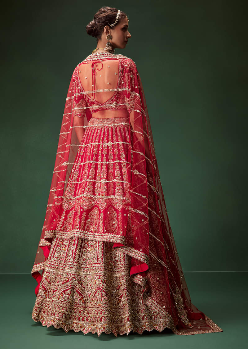 Red Bridal Lehenga With Intricate Hand Embroidery And Double Dupatta Drape - Image 2
