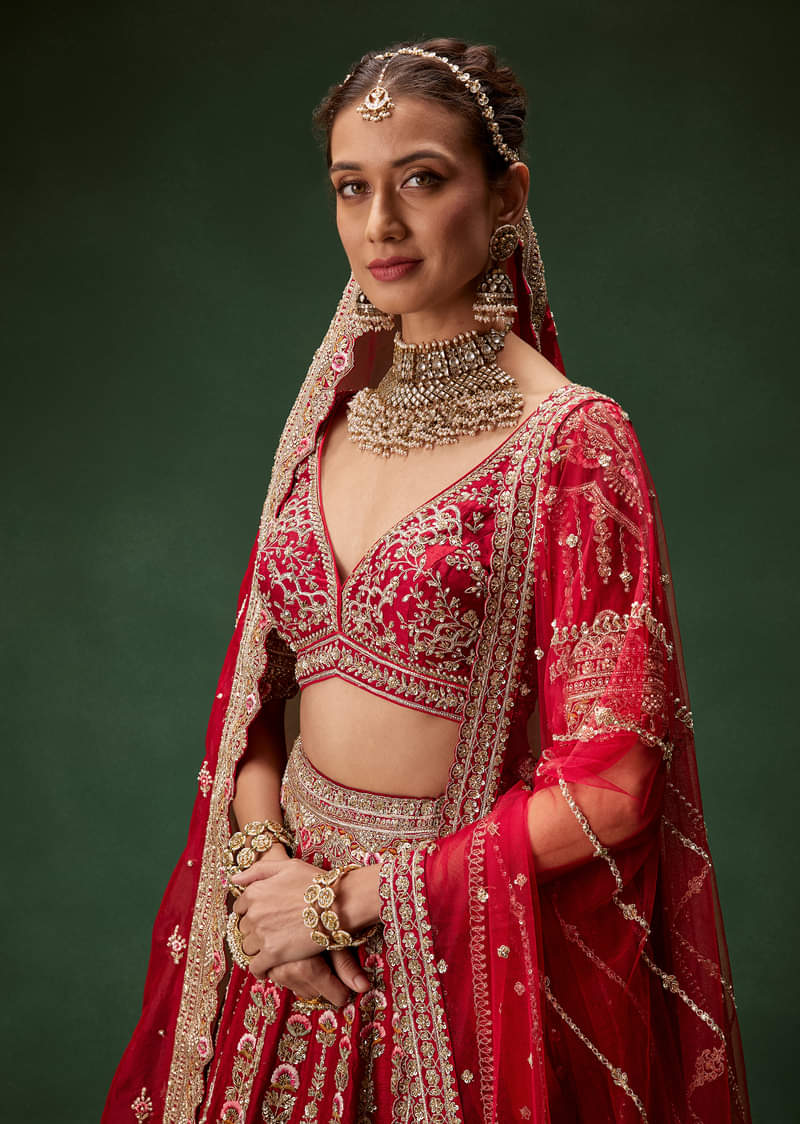 Red Bridal Lehenga With Intricate Hand Embroidery And Double Dupatta Drape - Image 3