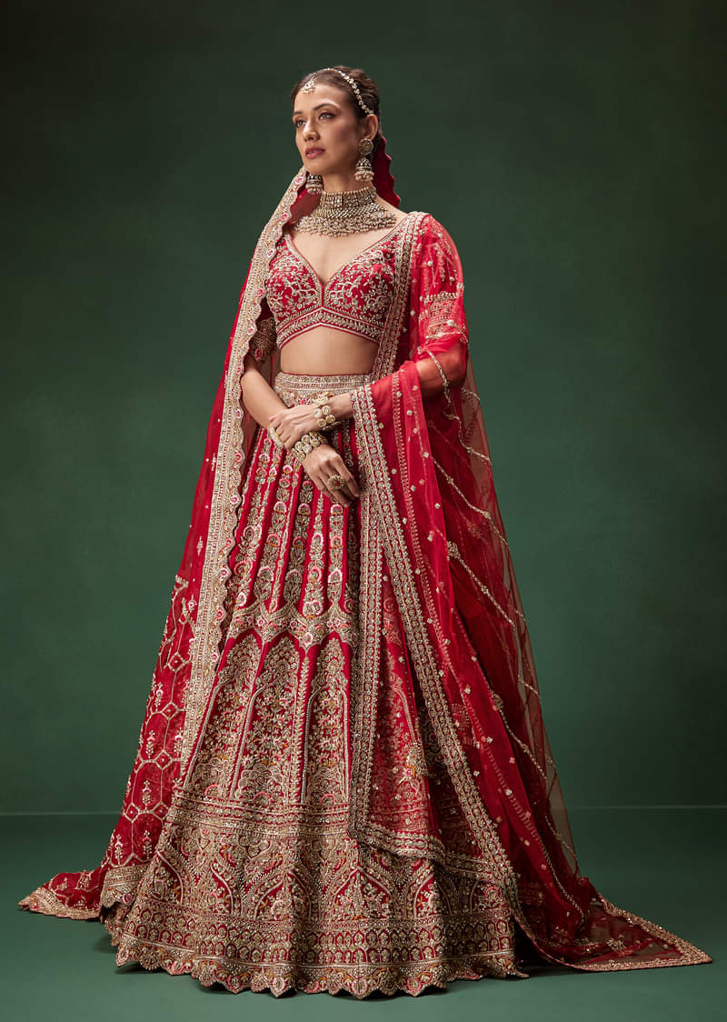 Red Bridal Lehenga With Intricate Hand Embroidery And Double Dupatta Drape - Image 4