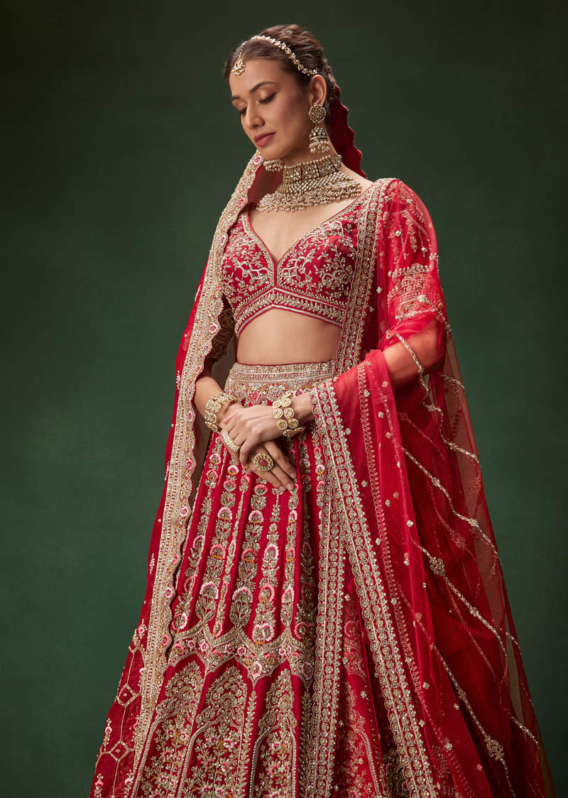 Red Bridal Lehenga With Intricate Hand Embroidery And Double Dupatta Drape - Image 5