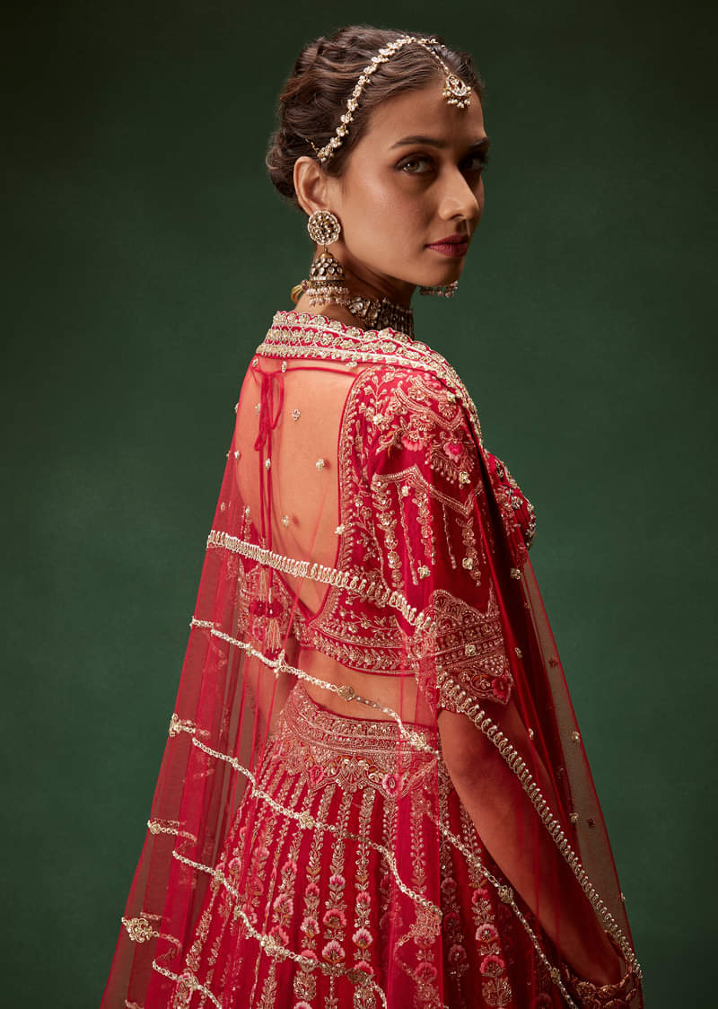 Red Bridal Lehenga With Intricate Hand Embroidery And Double Dupatta Drape - Image 6