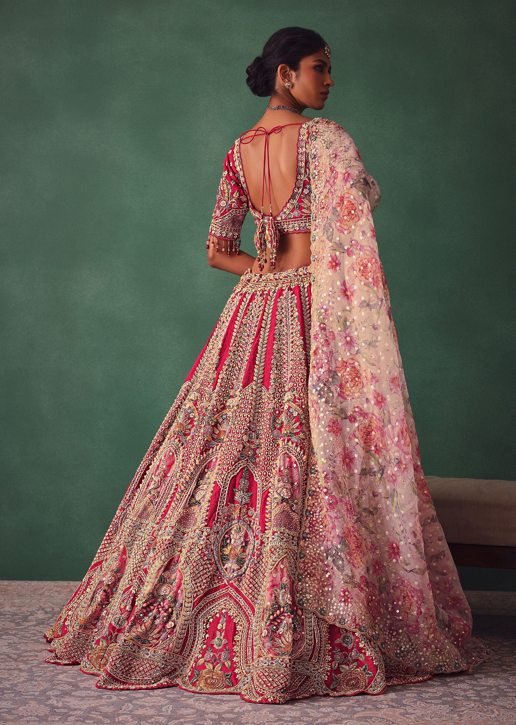 Red Bridal Lehenga With V Neck Blouse Back Dori And Dupatta - Image 6