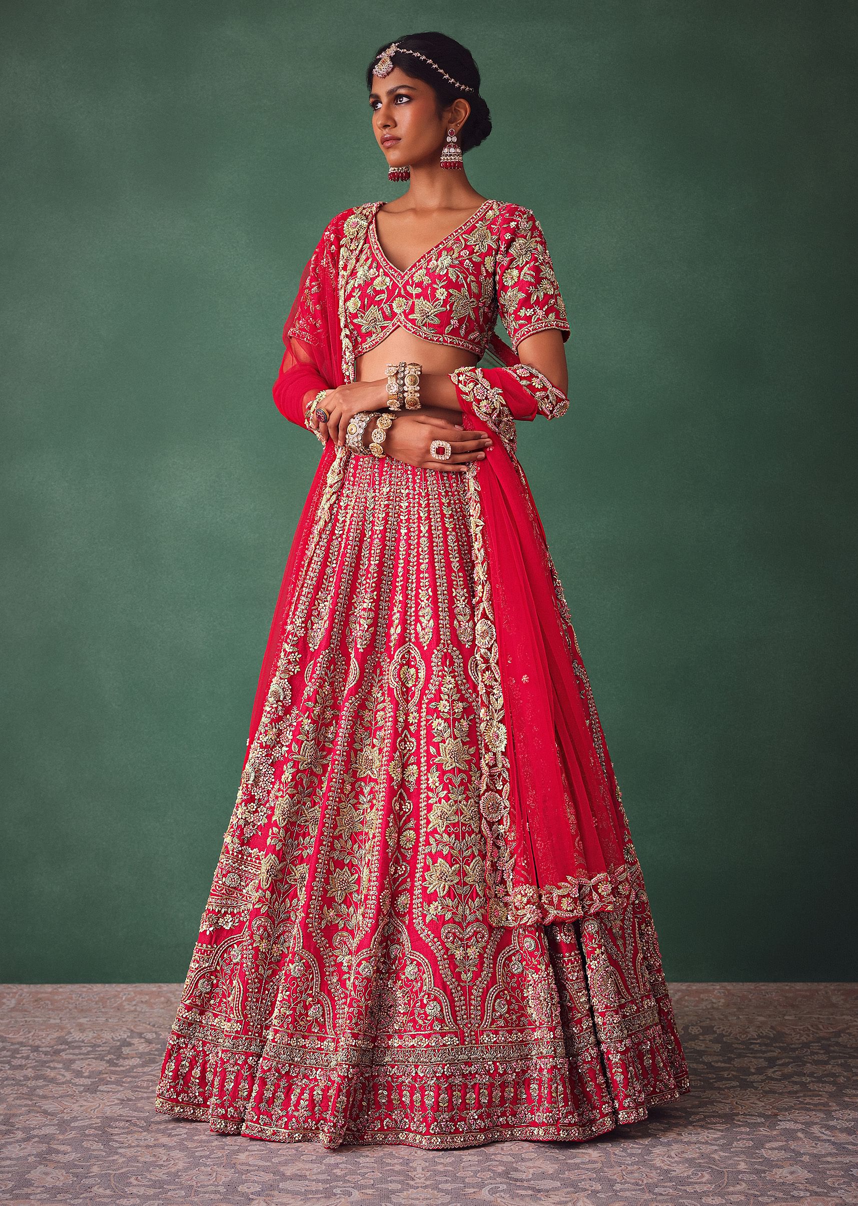 Red Bridal Lehenga With Zardosi And Cutdana Work - Image 3