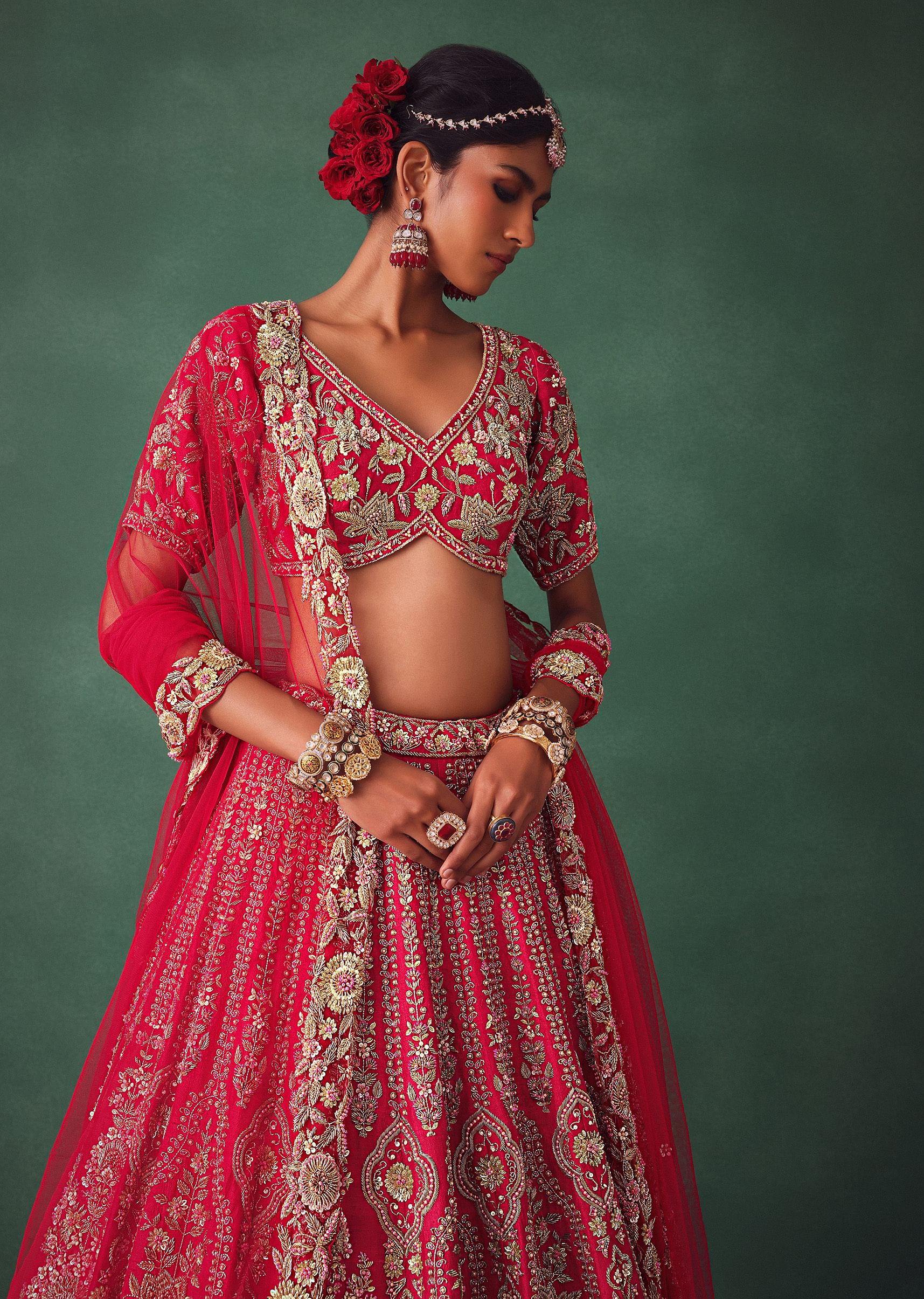 Red Bridal Lehenga With Zardosi And Cutdana Work - Image 5