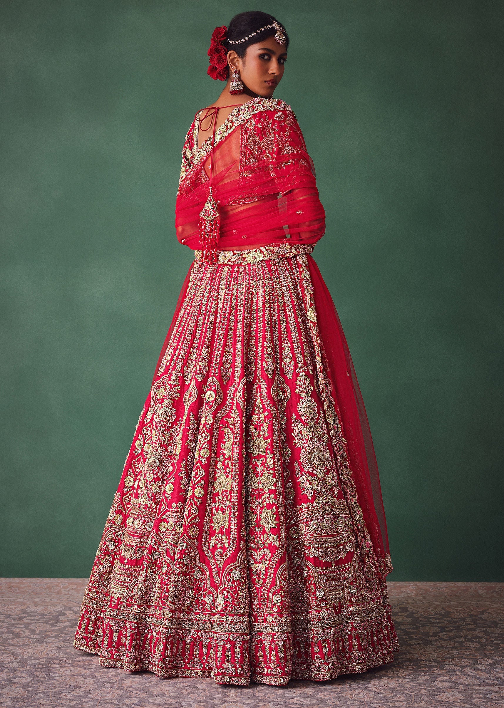 Red Bridal Lehenga With Zardosi And Cutdana Work - Image 6