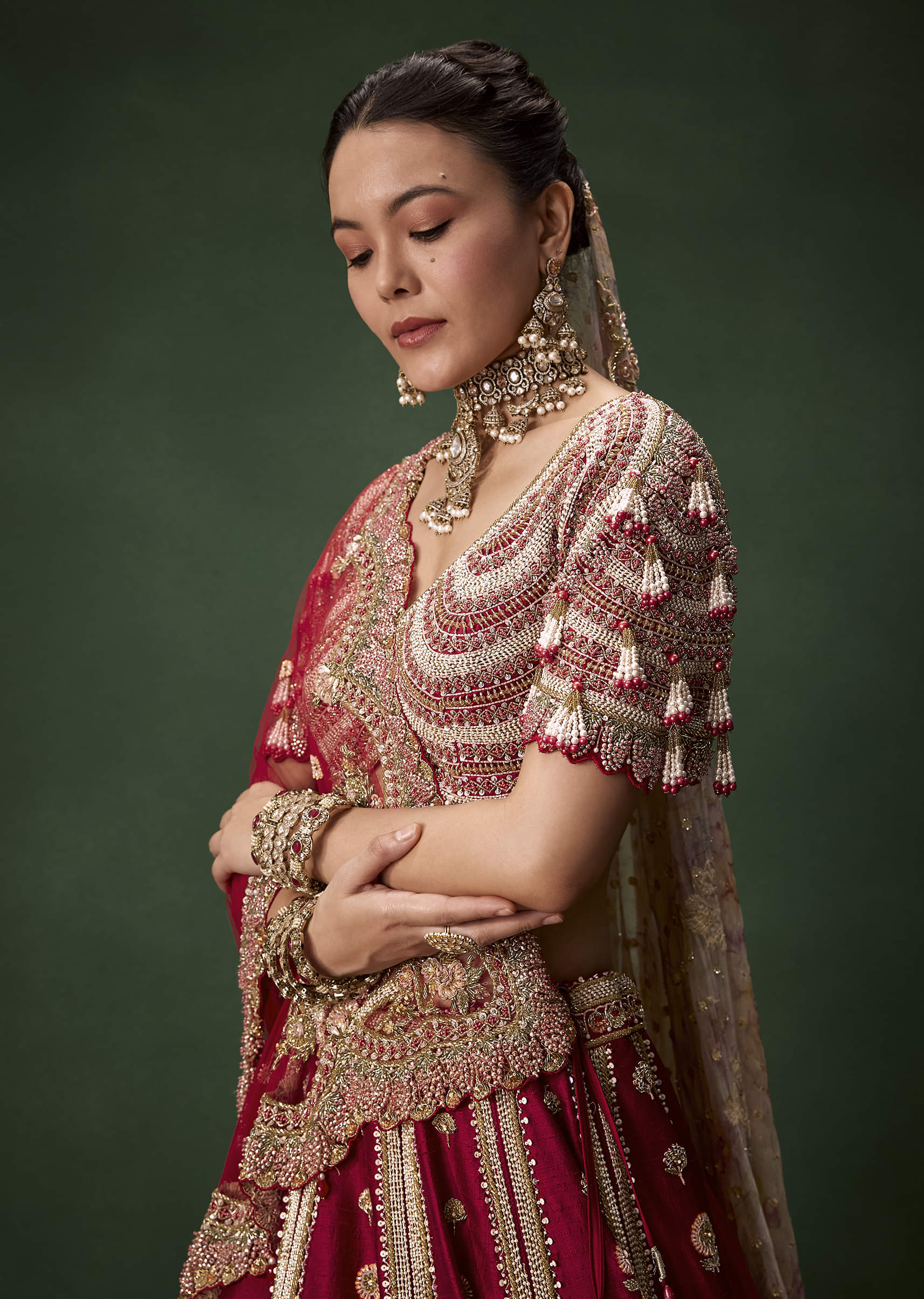 Red Bridal Raw Silk Patchwork Lehenga Set with Two Dupattas - Image 3
