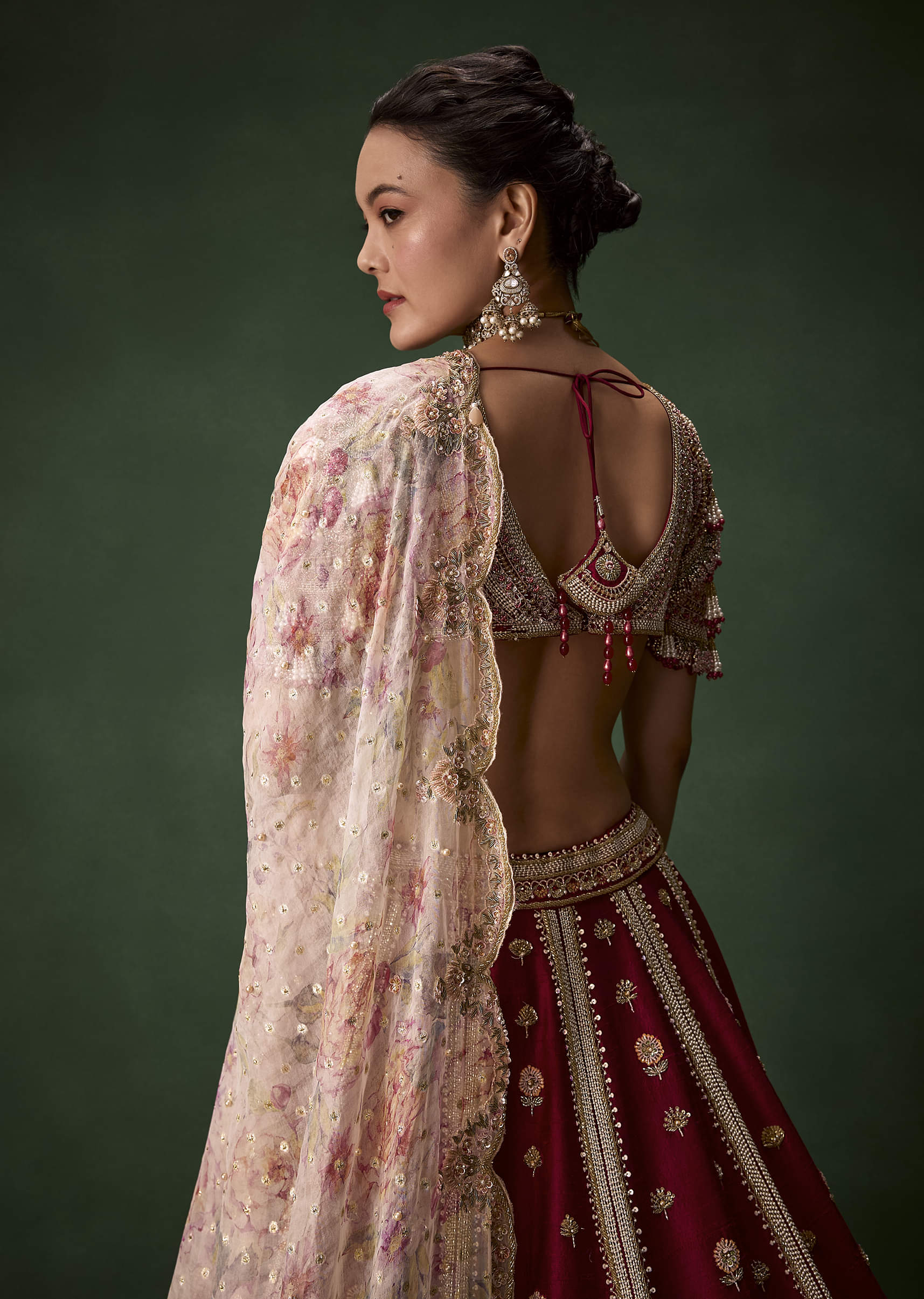 Red Bridal Raw Silk Patchwork Lehenga Set with Two Dupattas - Image 5