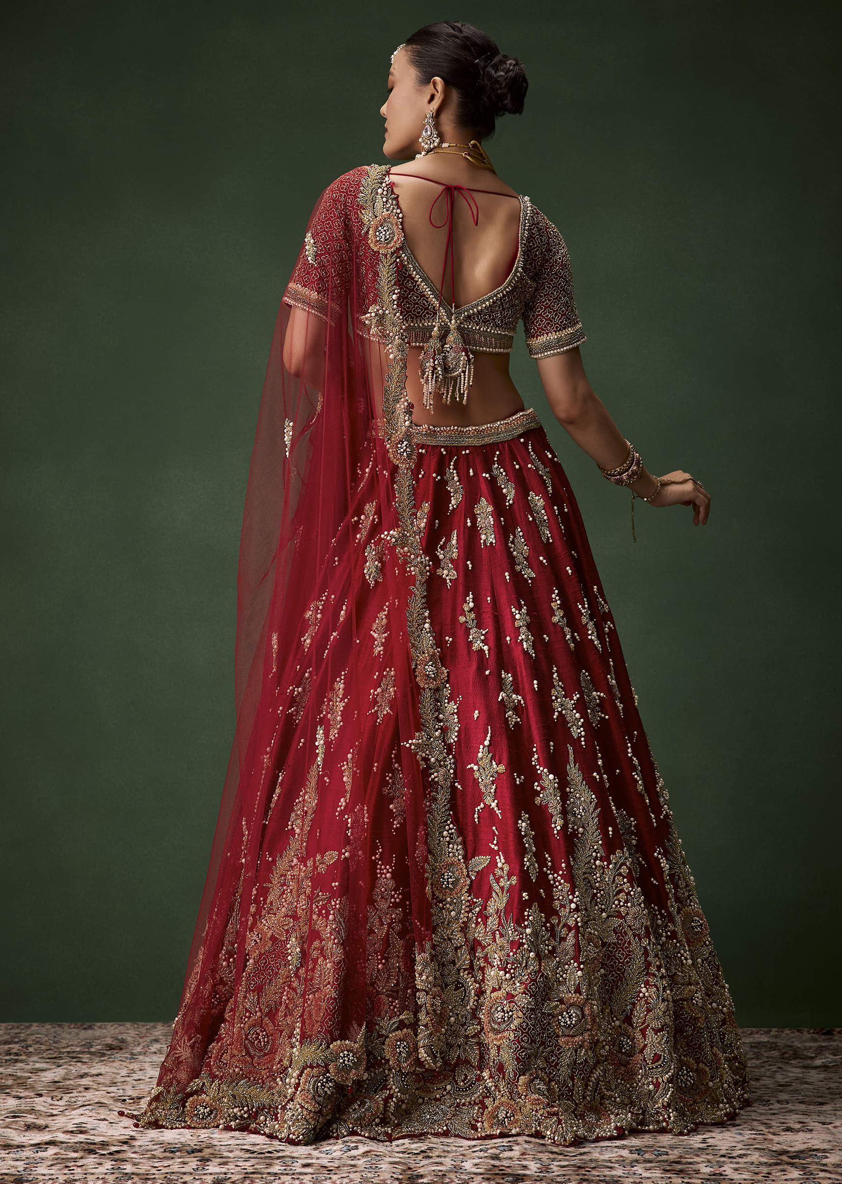 Red Bridal Sequin Silk Lehenga Set with  Two Dupattas - Image 2