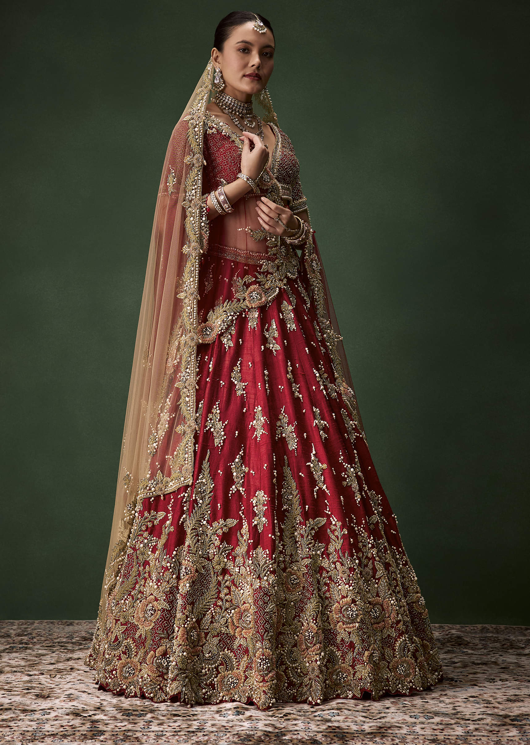 Red Bridal Sequin Silk Lehenga Set with  Two Dupattas - Image 4