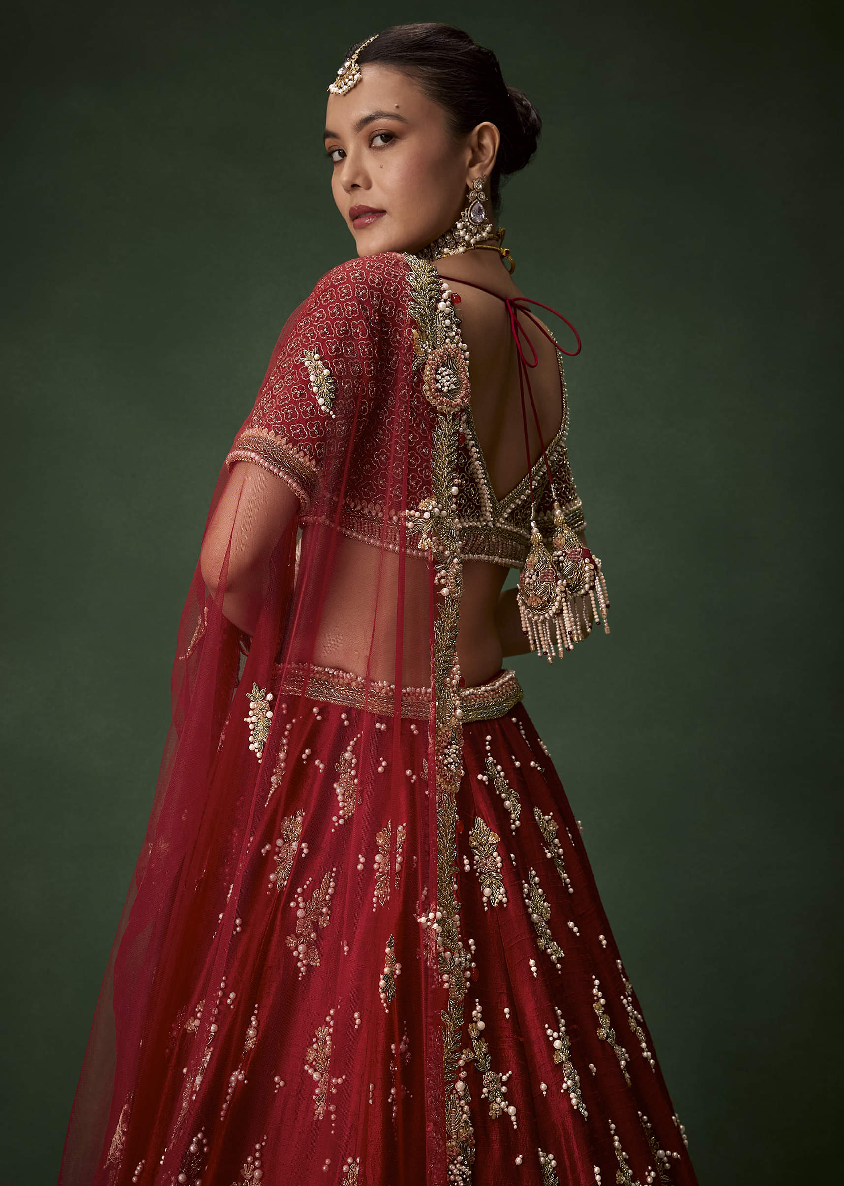 Red Bridal Sequin Silk Lehenga Set with  Two Dupattas - Image 6