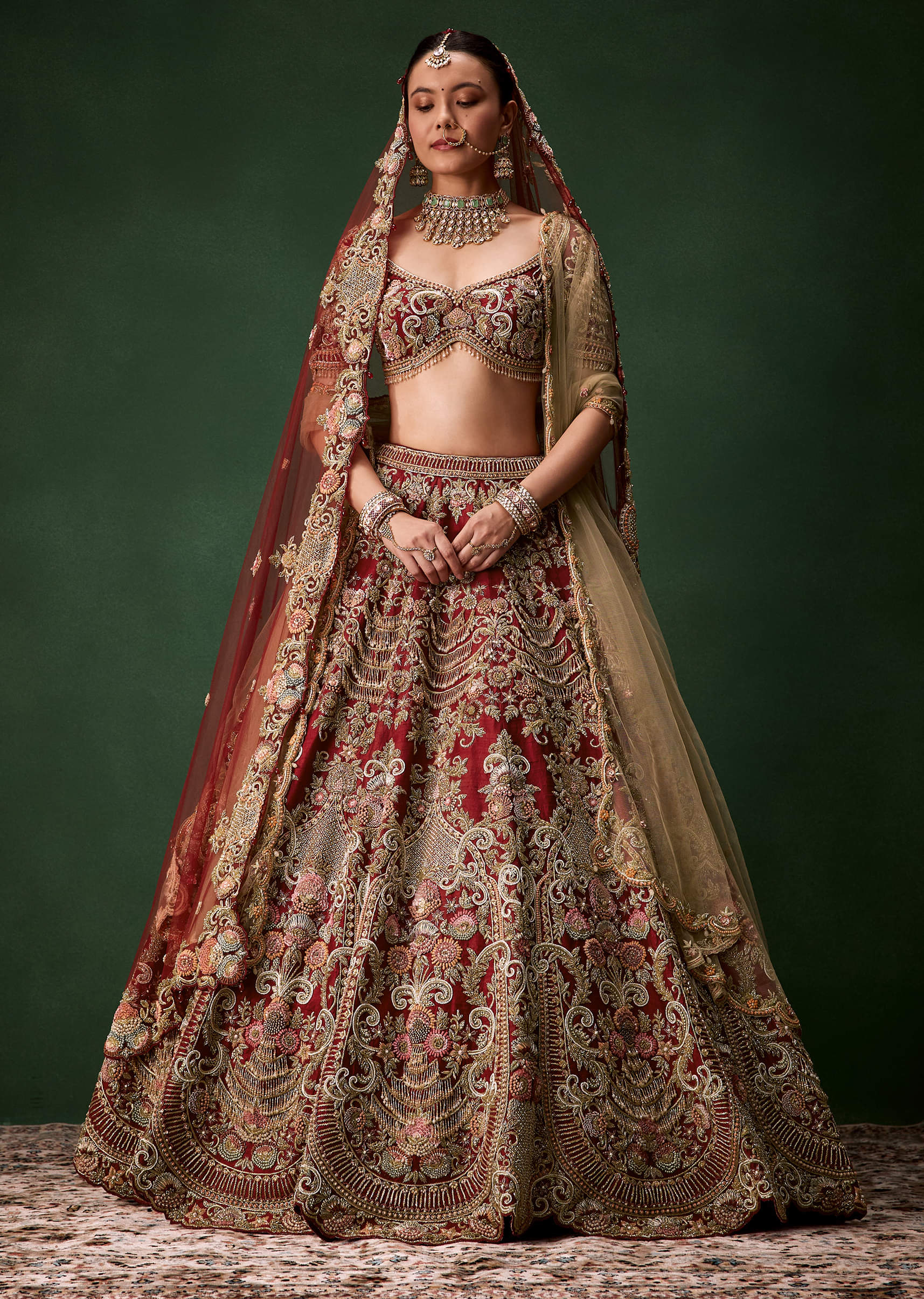 Red Bridal Sequins Silk Lehenga Set with  Two Dupattas