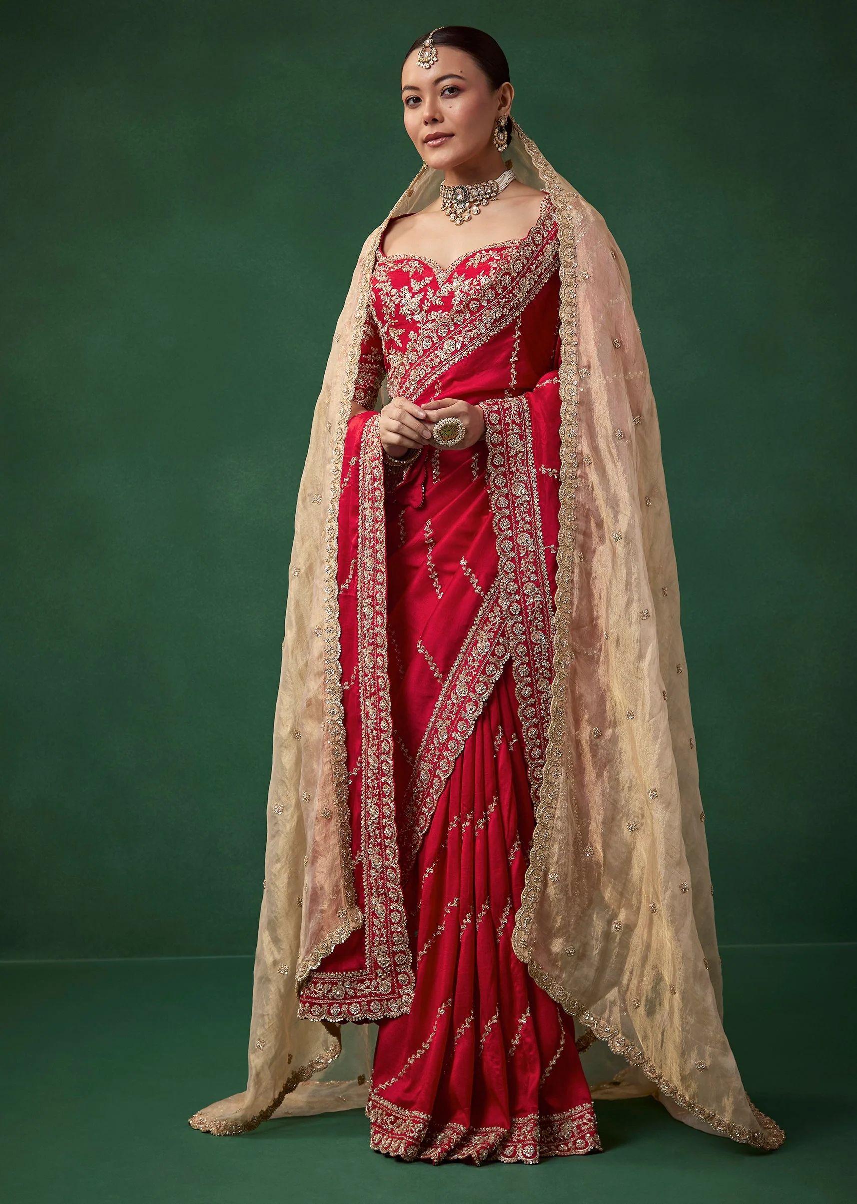Red Bridal Silk Embroidered Saree with Unstitched Blouse - Image 3
