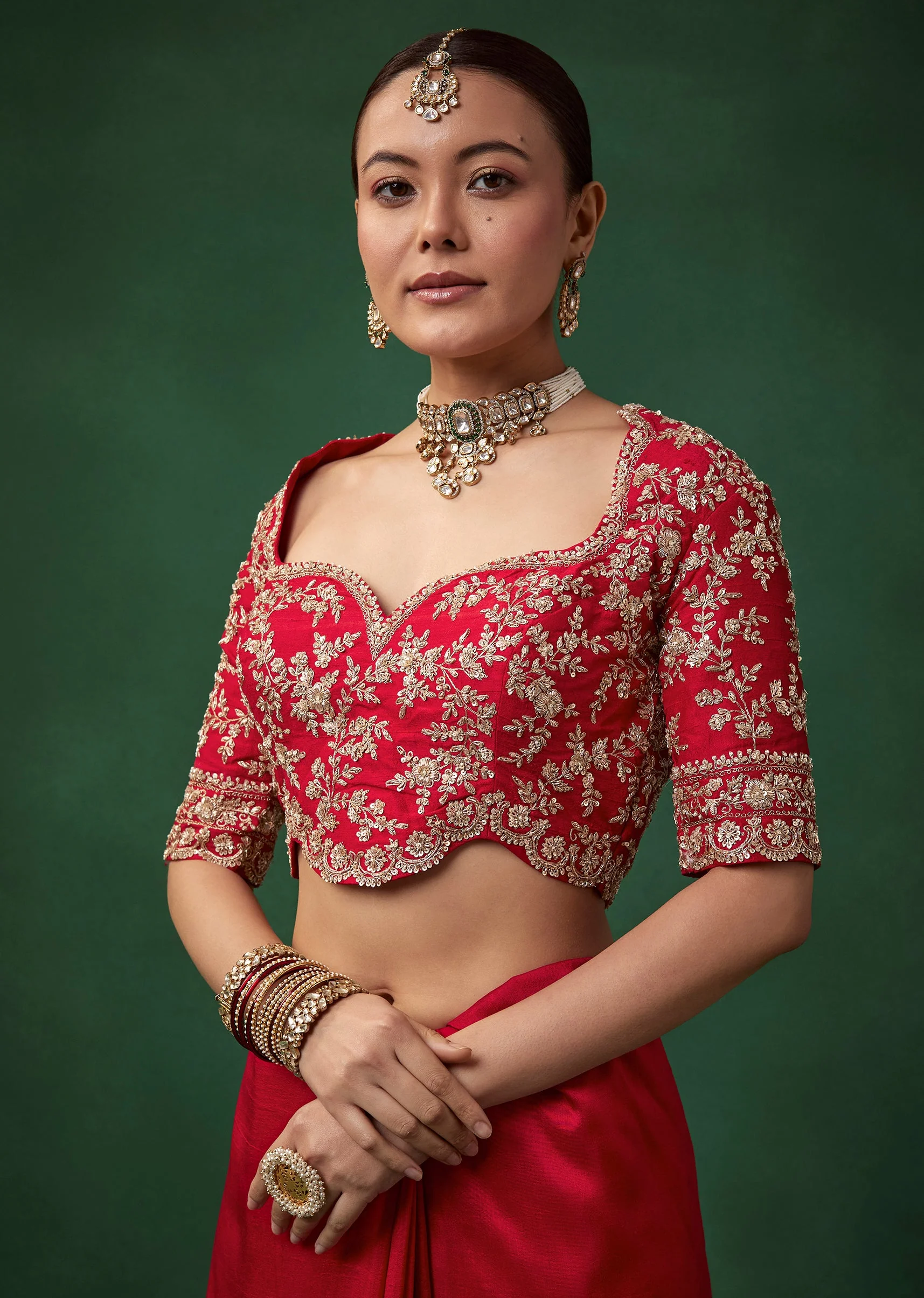 Red Bridal Silk Embroidered Saree with Unstitched Blouse - Image 7