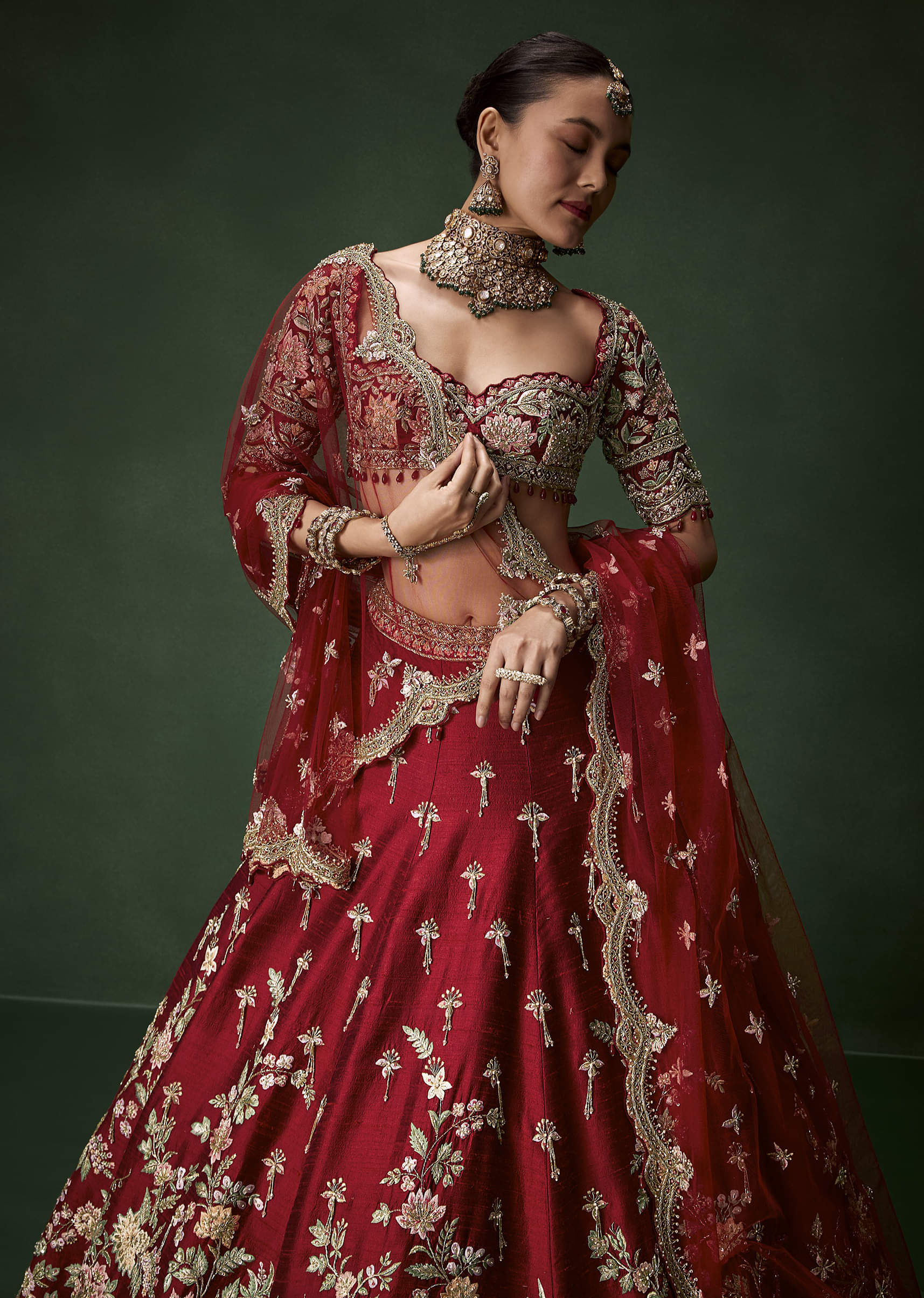 Red Bridal Silk Lehenga Set - Image 5