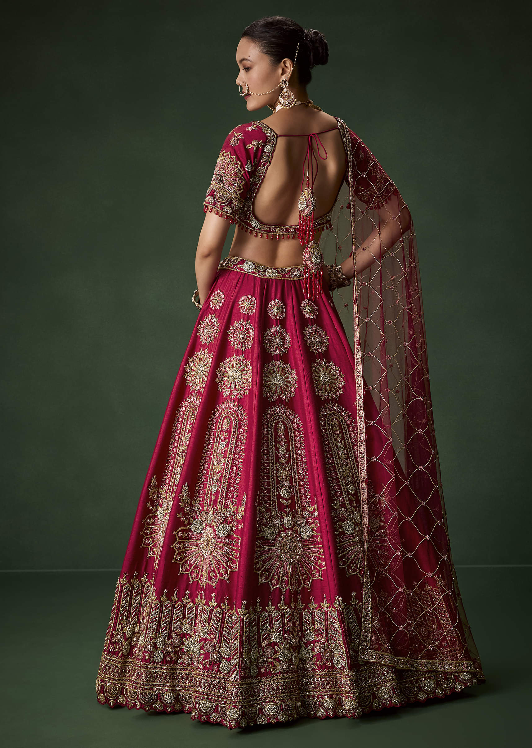 Red Bridal Silk Lehenga Set with Dupattas - Image 2