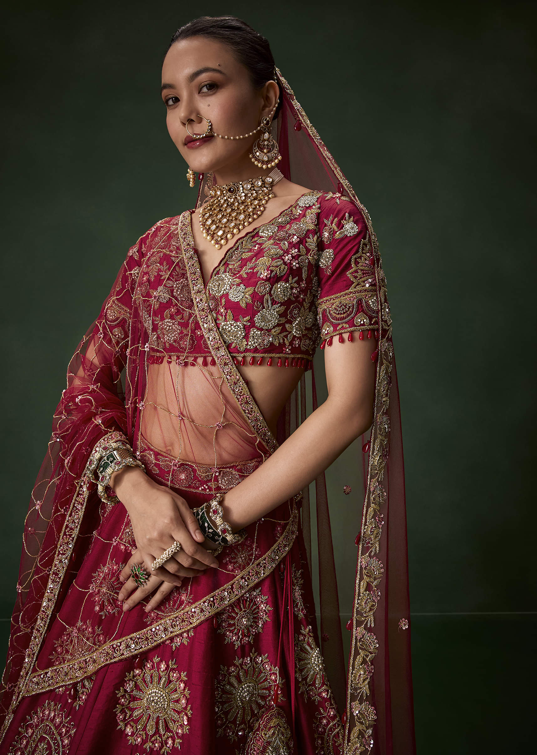 Red Bridal Silk Lehenga Set with Dupattas - Image 3