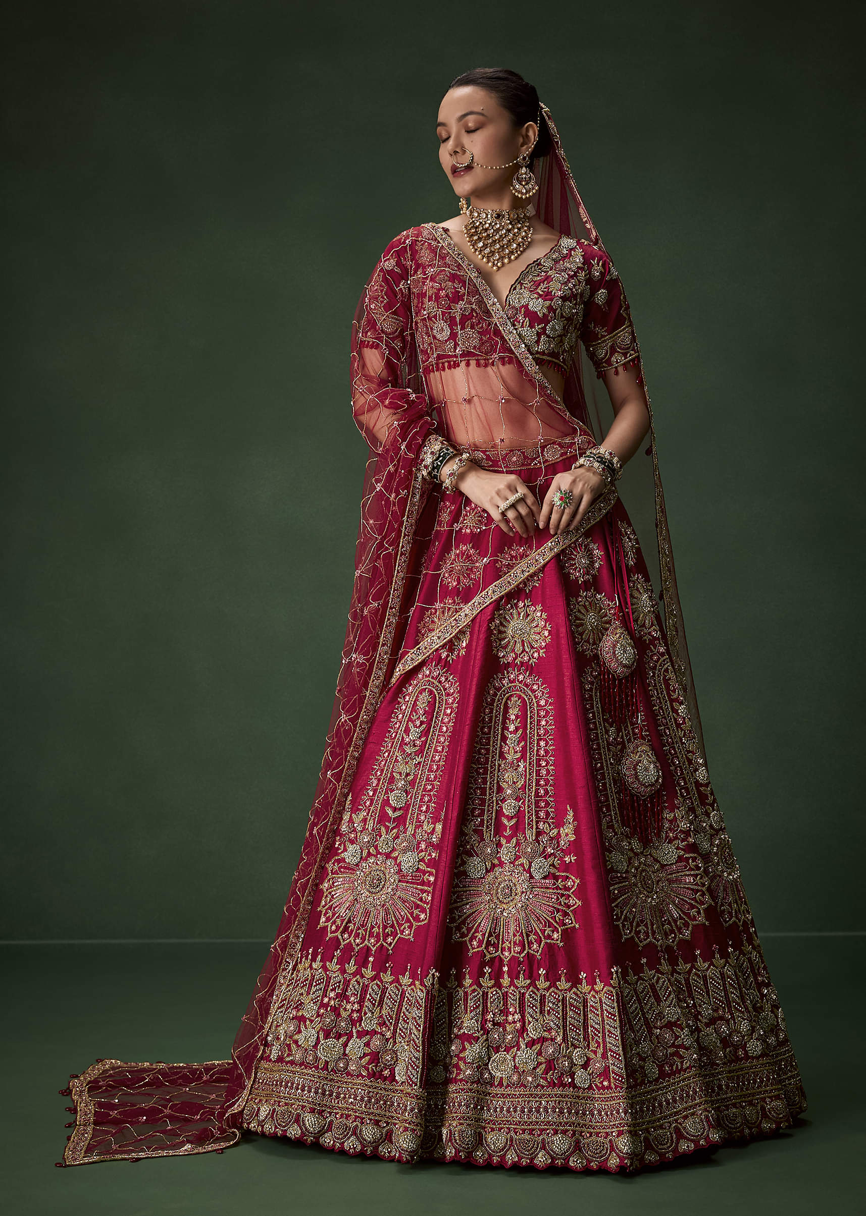 Red Bridal Silk Lehenga Set with Dupattas - Image 4