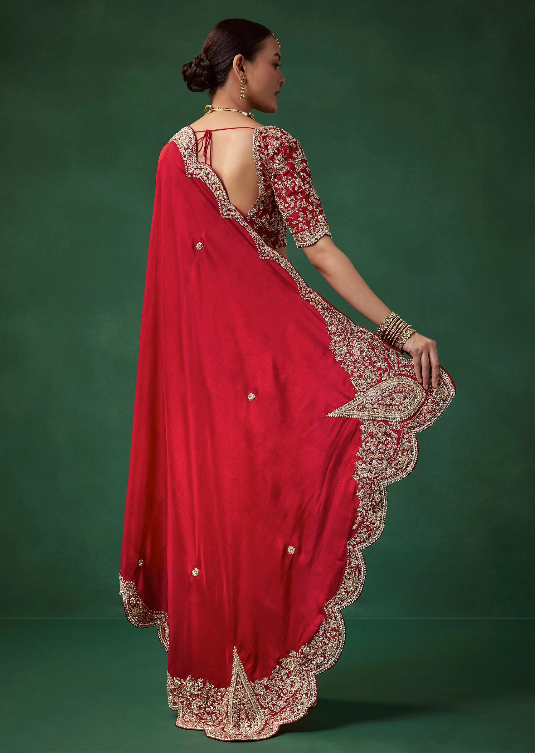 Red Bridal Silk Zardozi Saree with Unstitched Blouse - Image 3