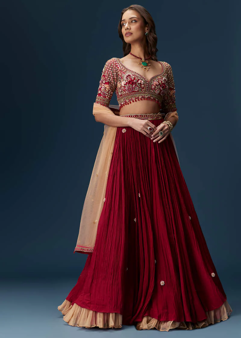 Red Bridesmaid Lehenga With Half Sleeve Embroidered Blouse And Dupatta - Image 3
