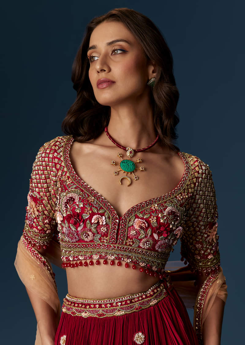 Red Bridesmaid Lehenga With Half Sleeve Embroidered Blouse And Dupatta - Image 5