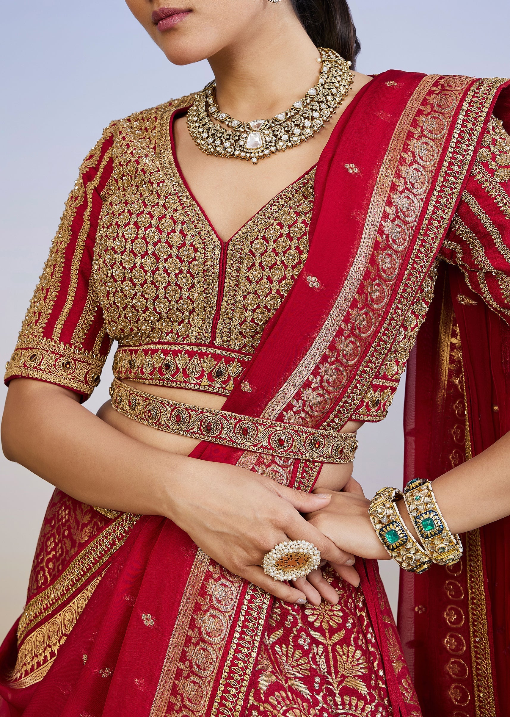 Red Brocade Traditional Lehenga With Belt And Zari Sequin Choli - Image 3