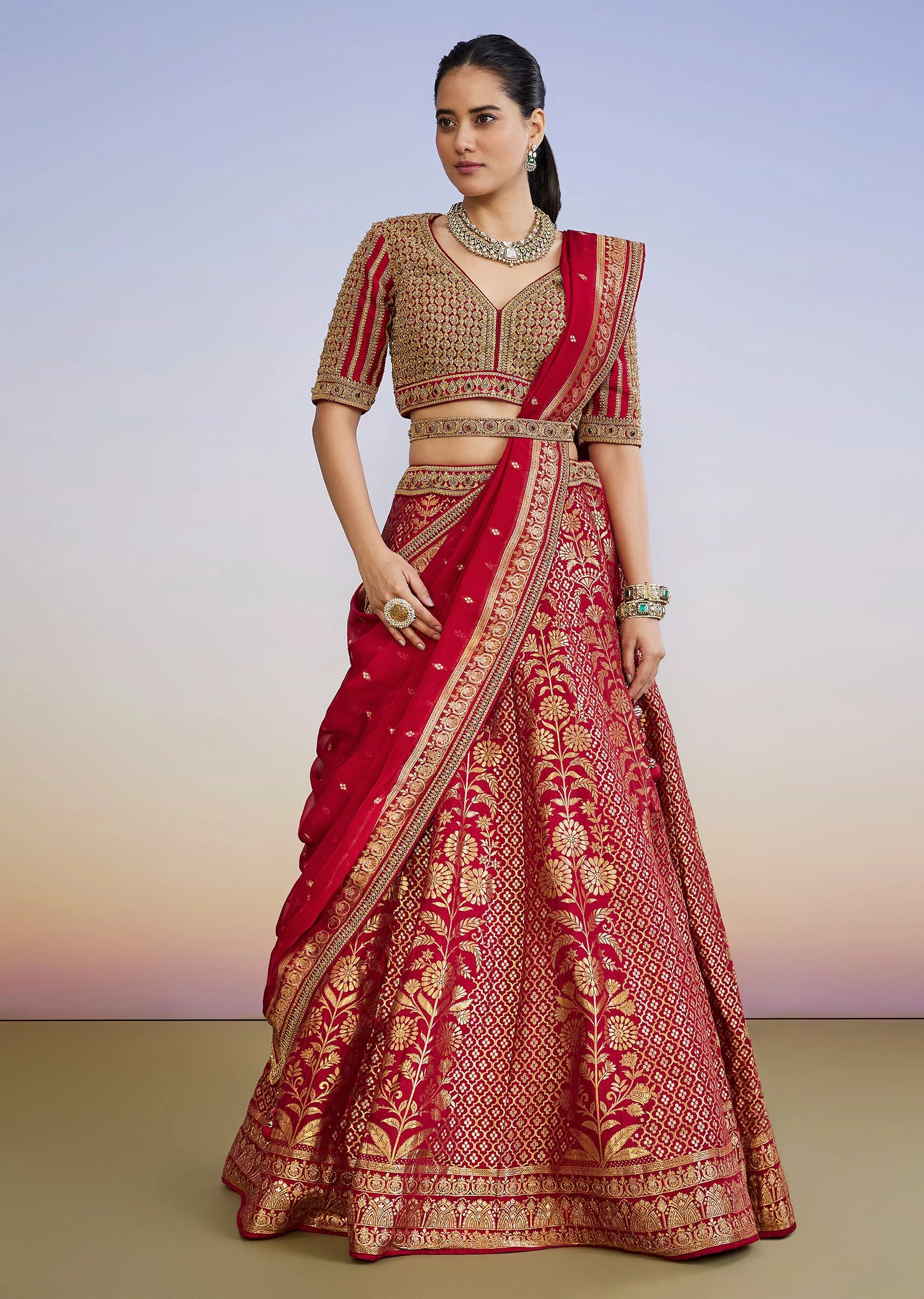 Red Brocade Traditional Lehenga With Belt And Zari Sequin Choli - Image 4