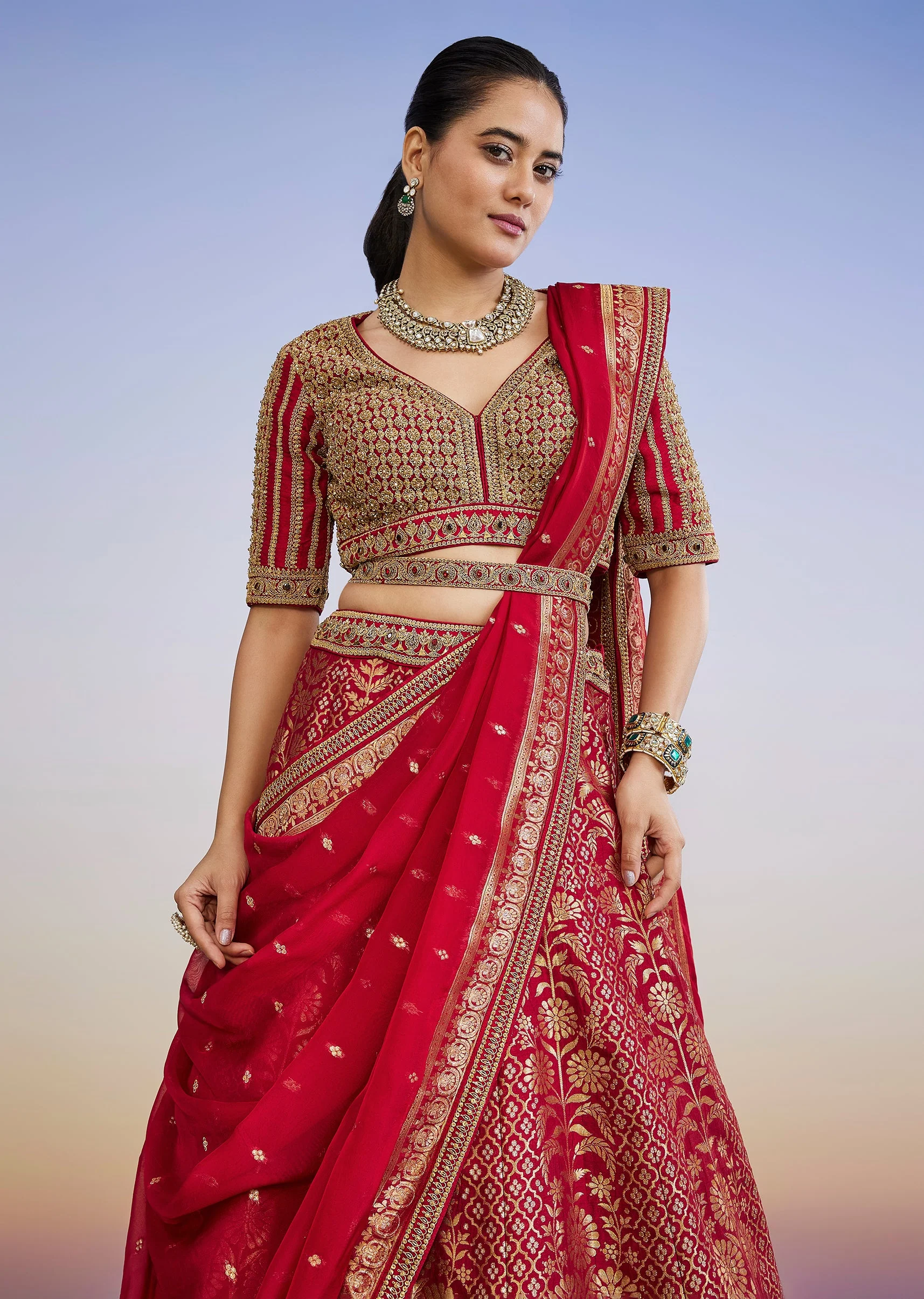 Red Brocade Traditional Lehenga With Belt And Zari Sequin Choli - Image 5