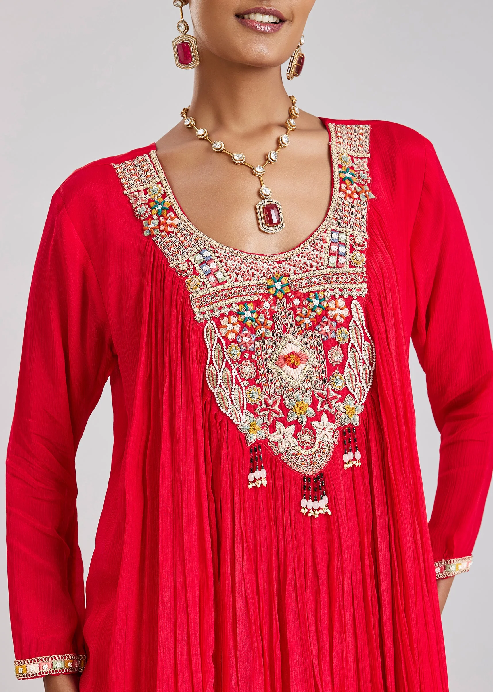 Red Cape Style Top And Sharara Set - Image 2