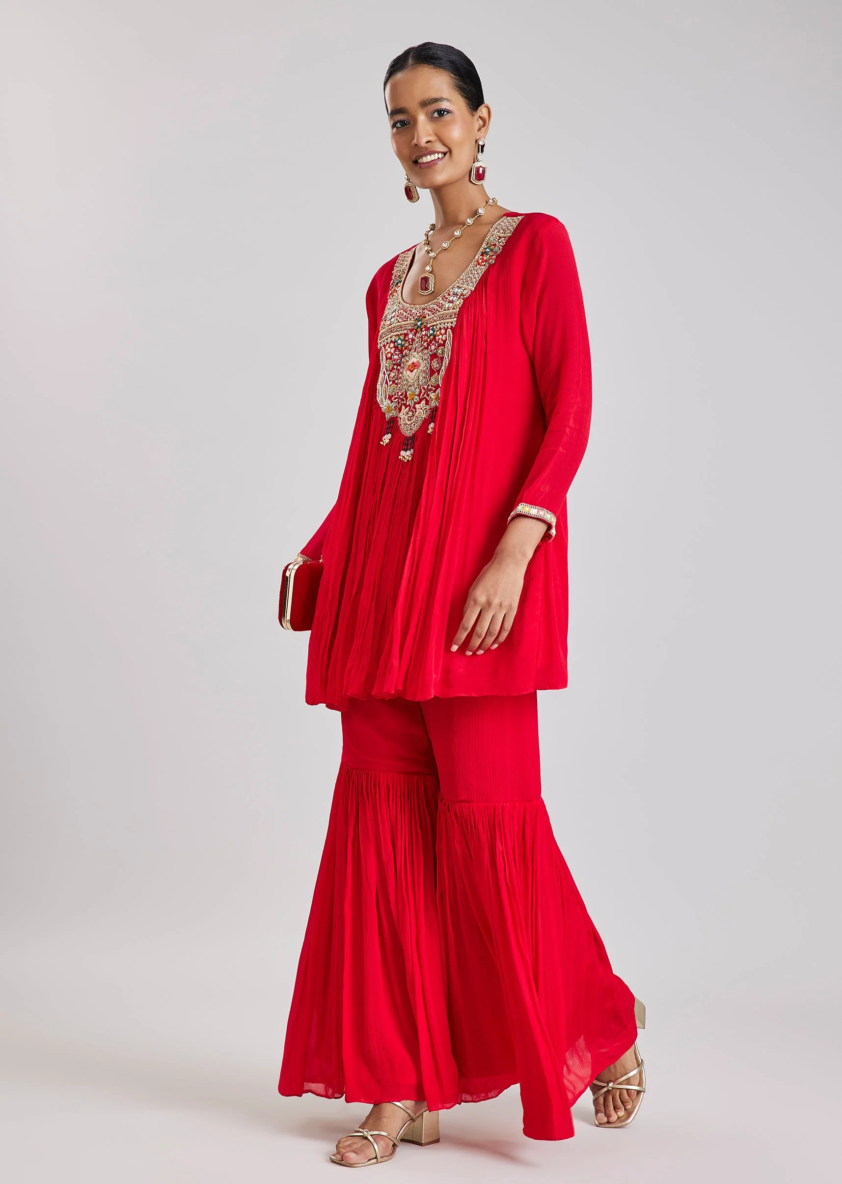 Red Cape Style Top And Sharara Set - Image 3