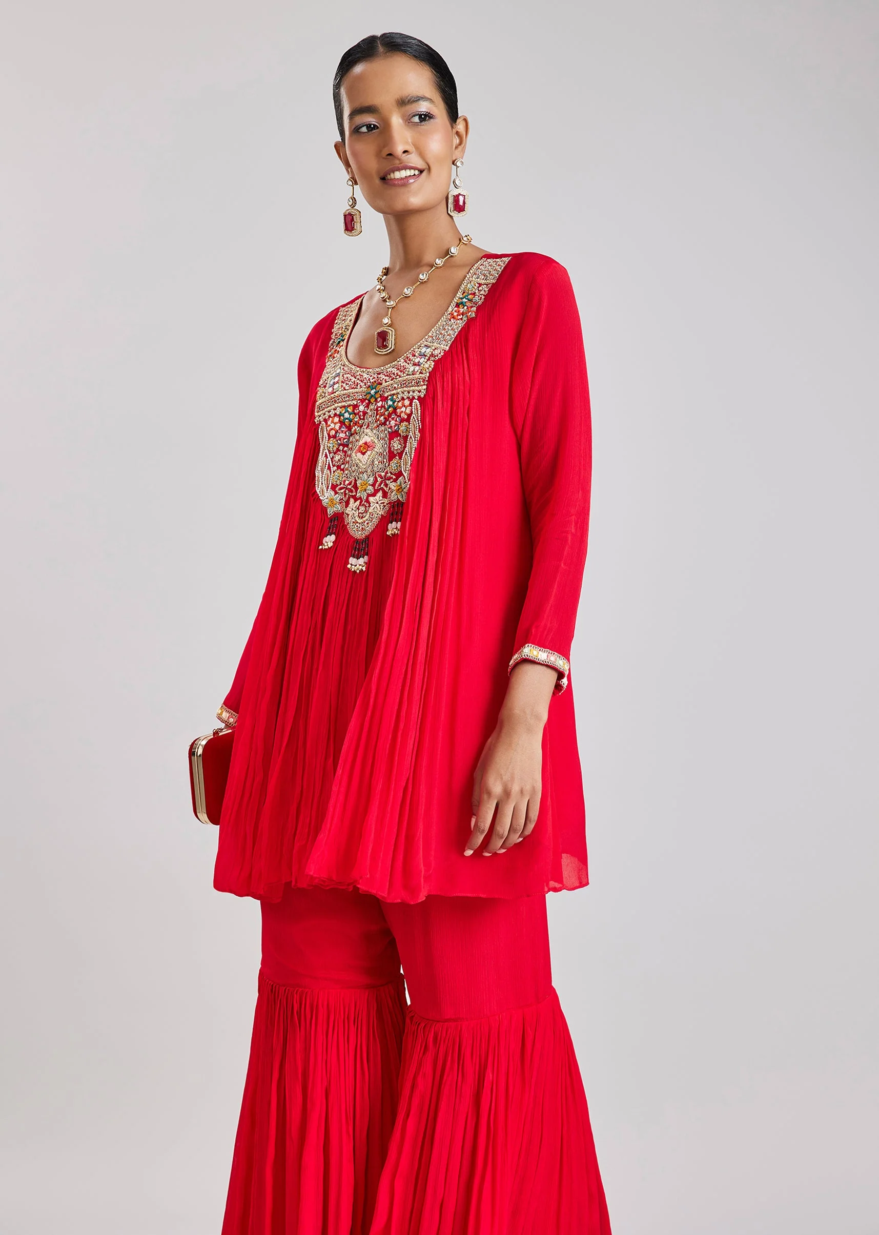 Red Cape Style Top And Sharara Set - Image 4