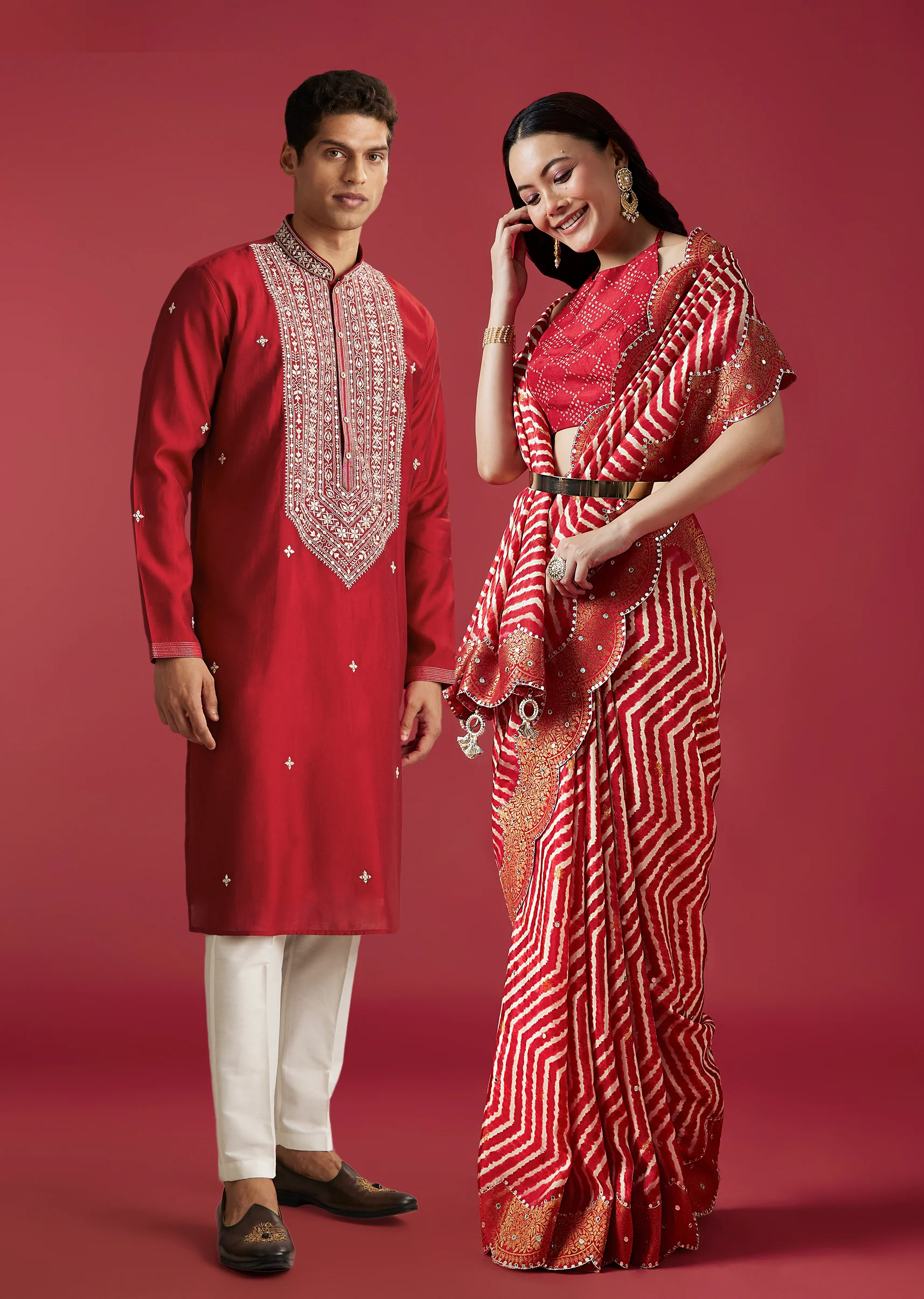 Red Celebration Duo – Printed Saree For Her And Kurta Set For Him
