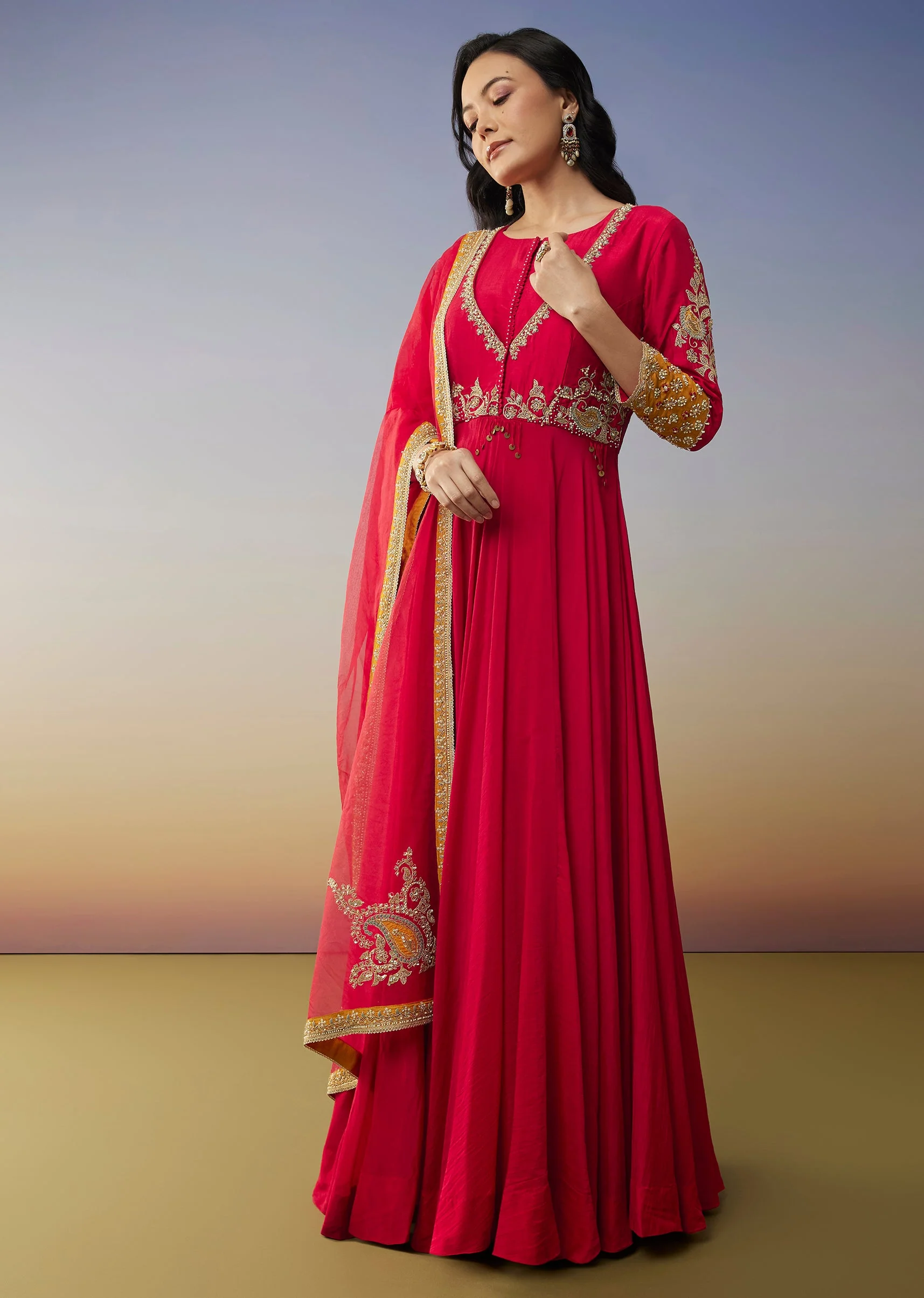 Red Chanderi Anarkali Suit with Zari Moti Work - Image 3