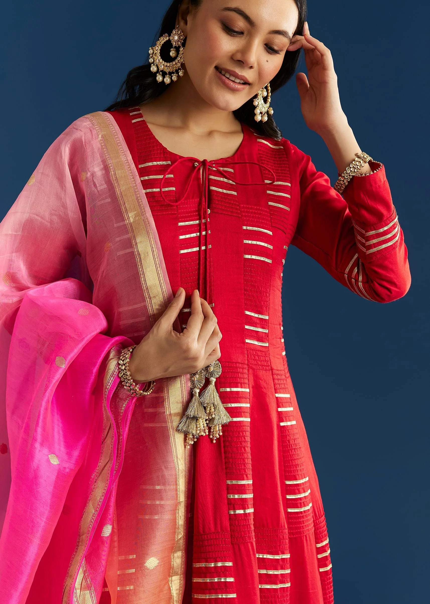 Red Chanderi Gotta Work Anarkali With Ombre Zari Butti Organza Dupatta - Image 2