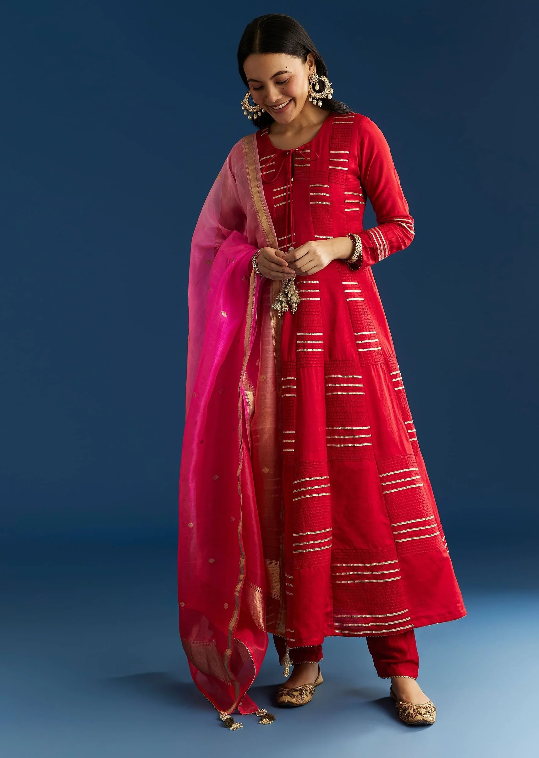 Red Chanderi Gotta Work Anarkali With Ombre Zari Butti Organza Dupatta - Image 3