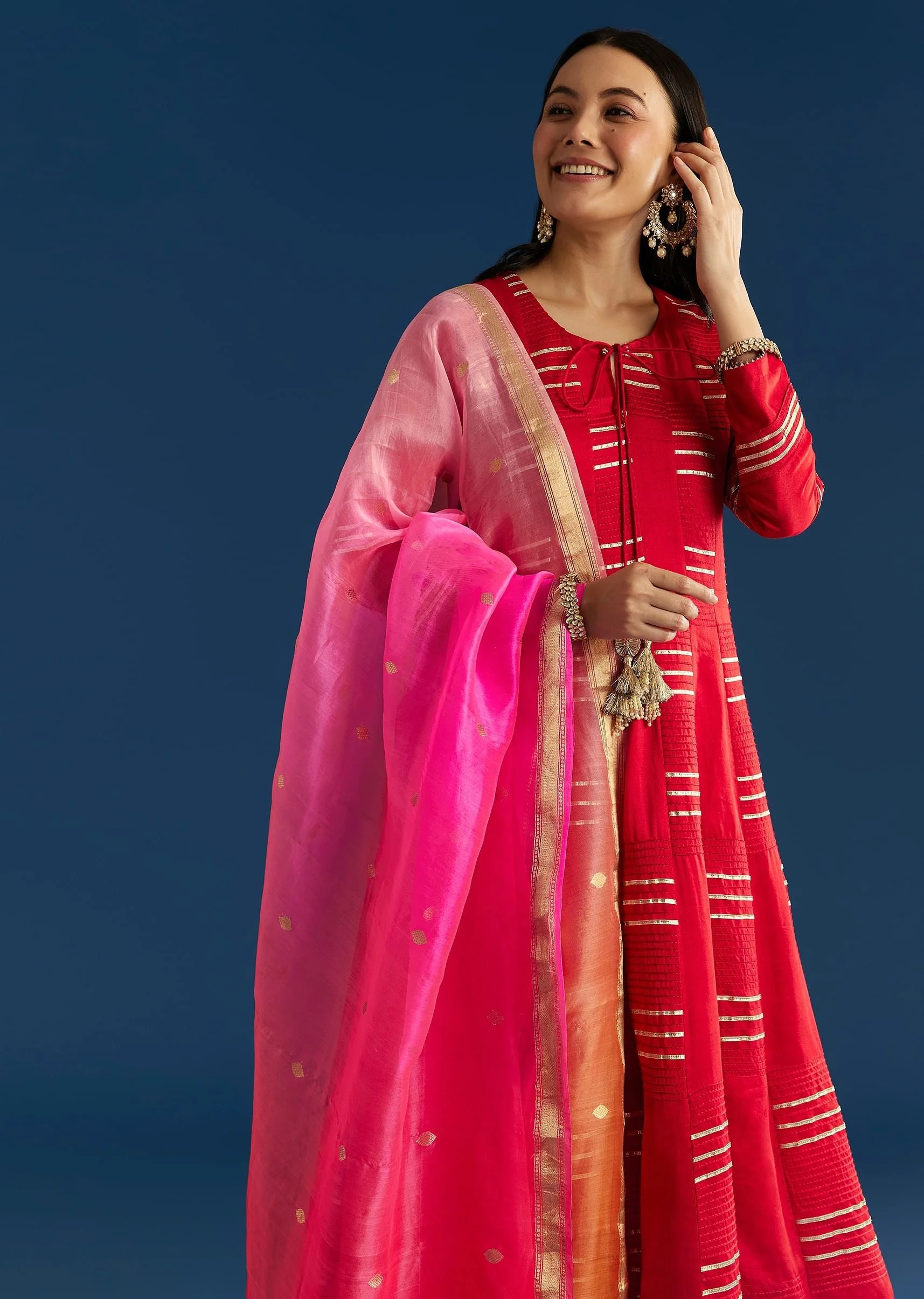 Red Chanderi Gotta Work Anarkali With Ombre Zari Butti Organza Dupatta - Image 4