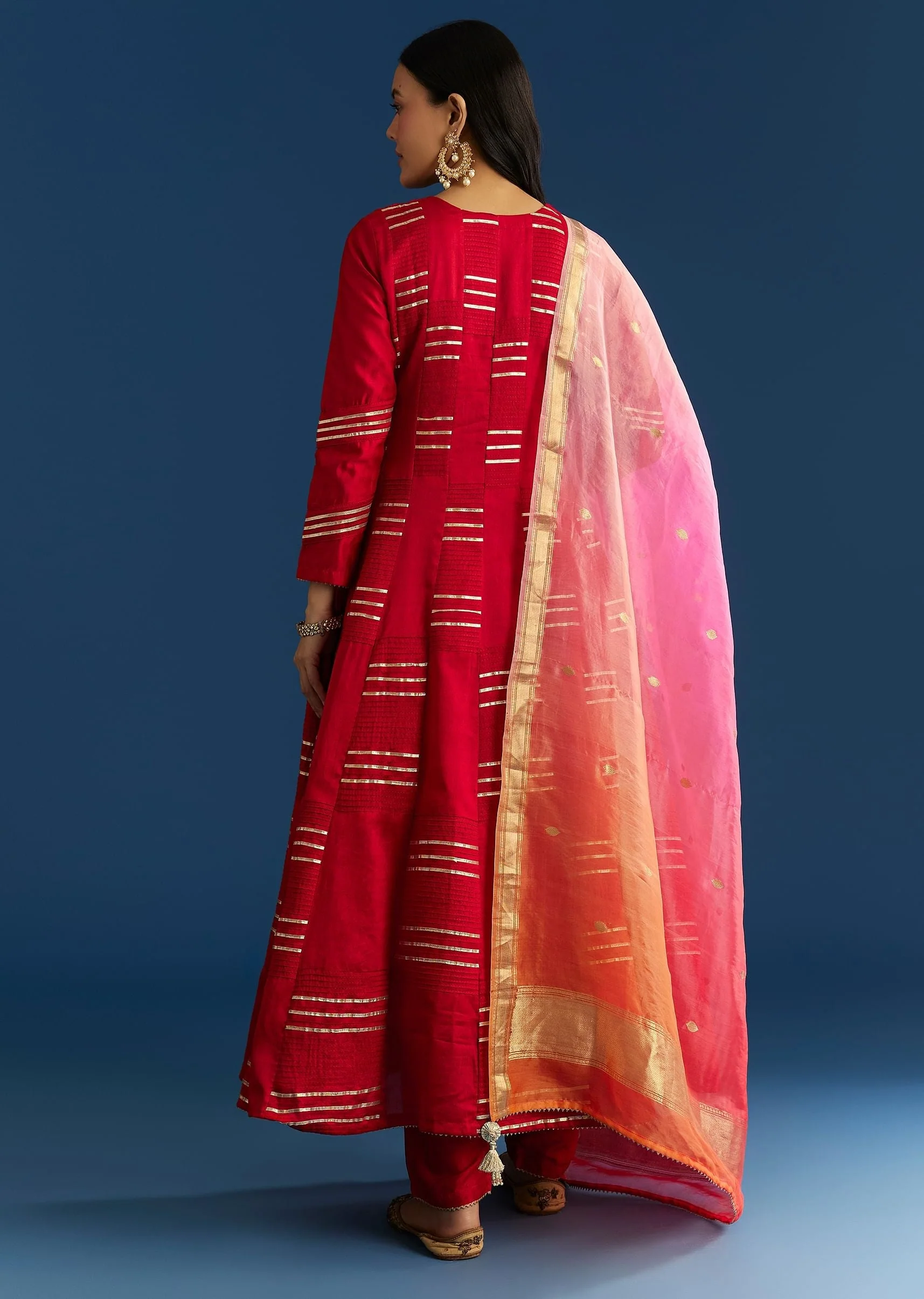 Red Chanderi Gotta Work Anarkali With Ombre Zari Butti Organza Dupatta - Image 5