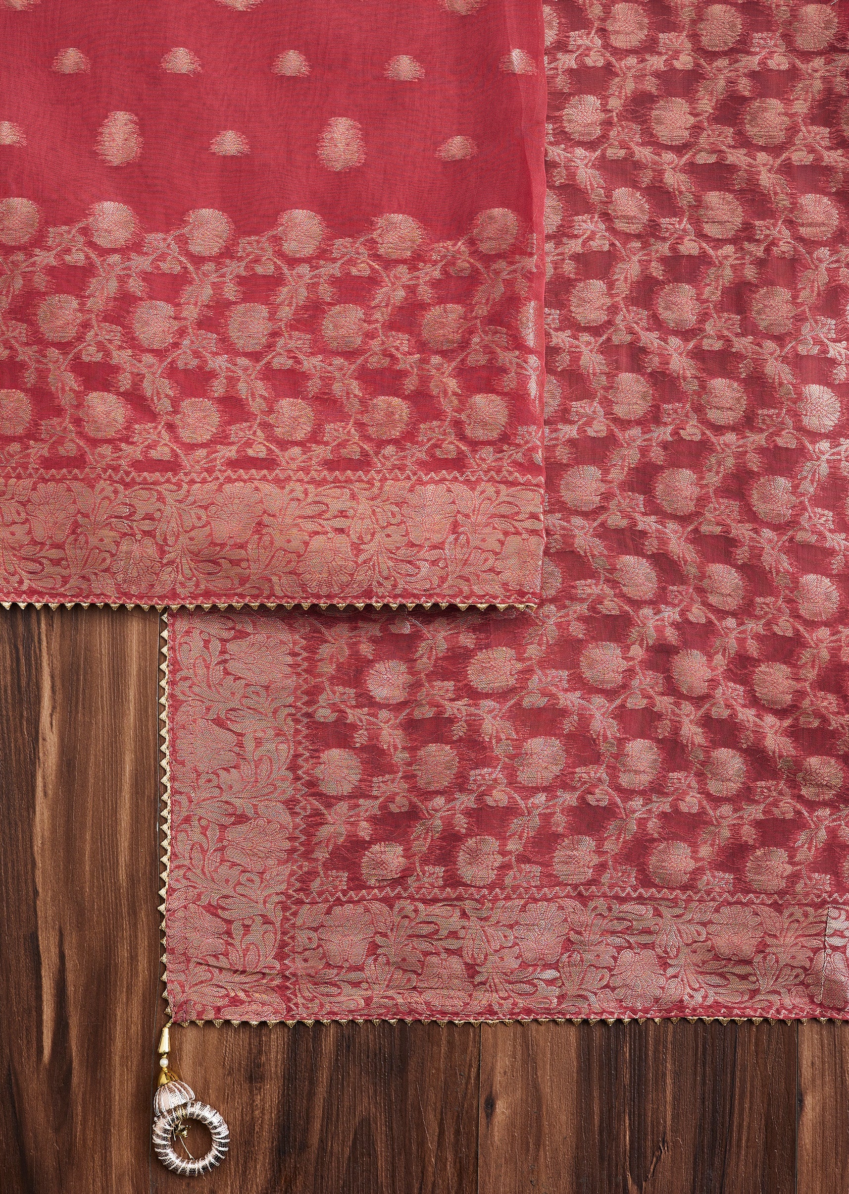 Red Chanderi Unstitched Suit - Image 2