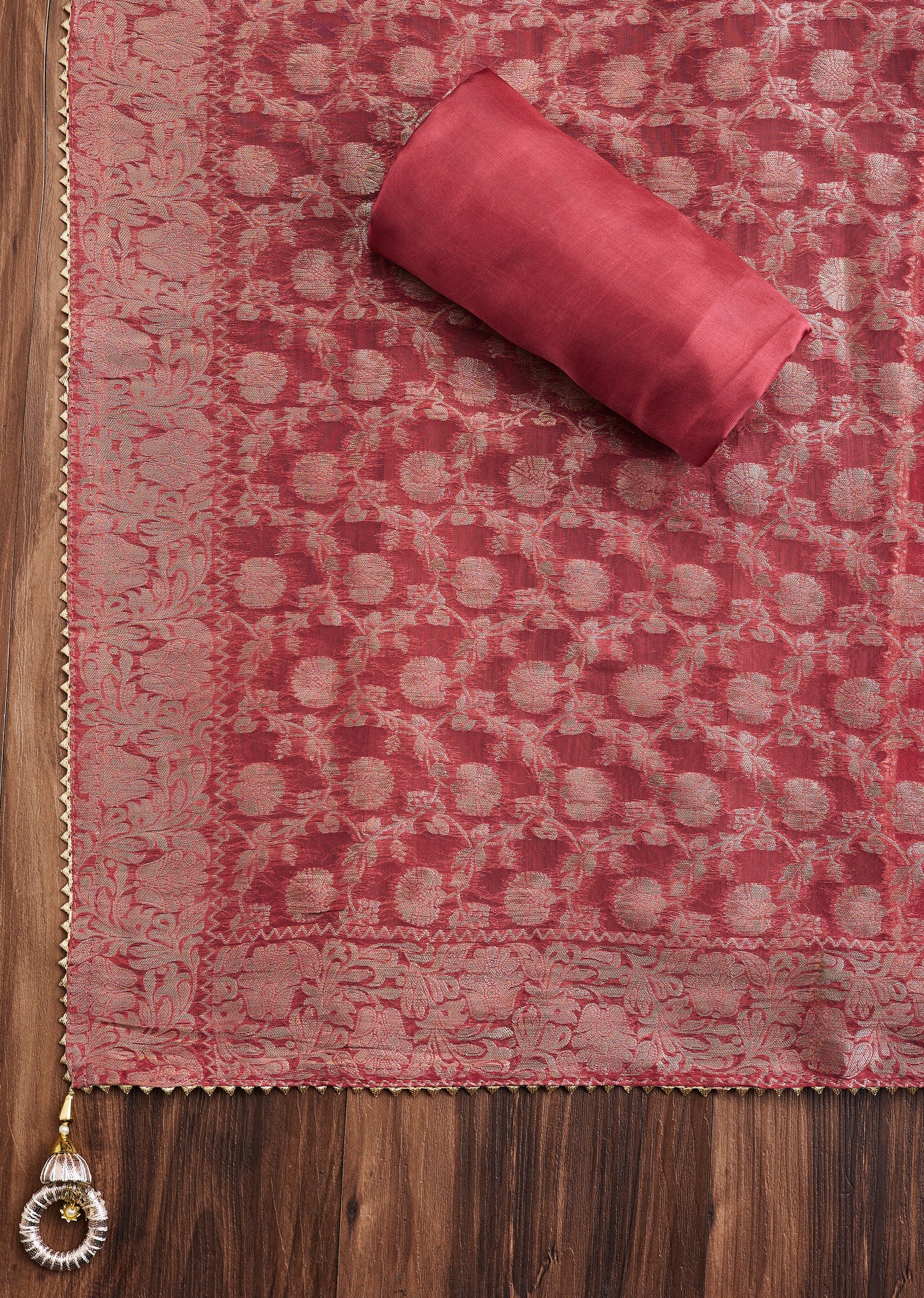 Red Chanderi Unstitched Suit - Image 3