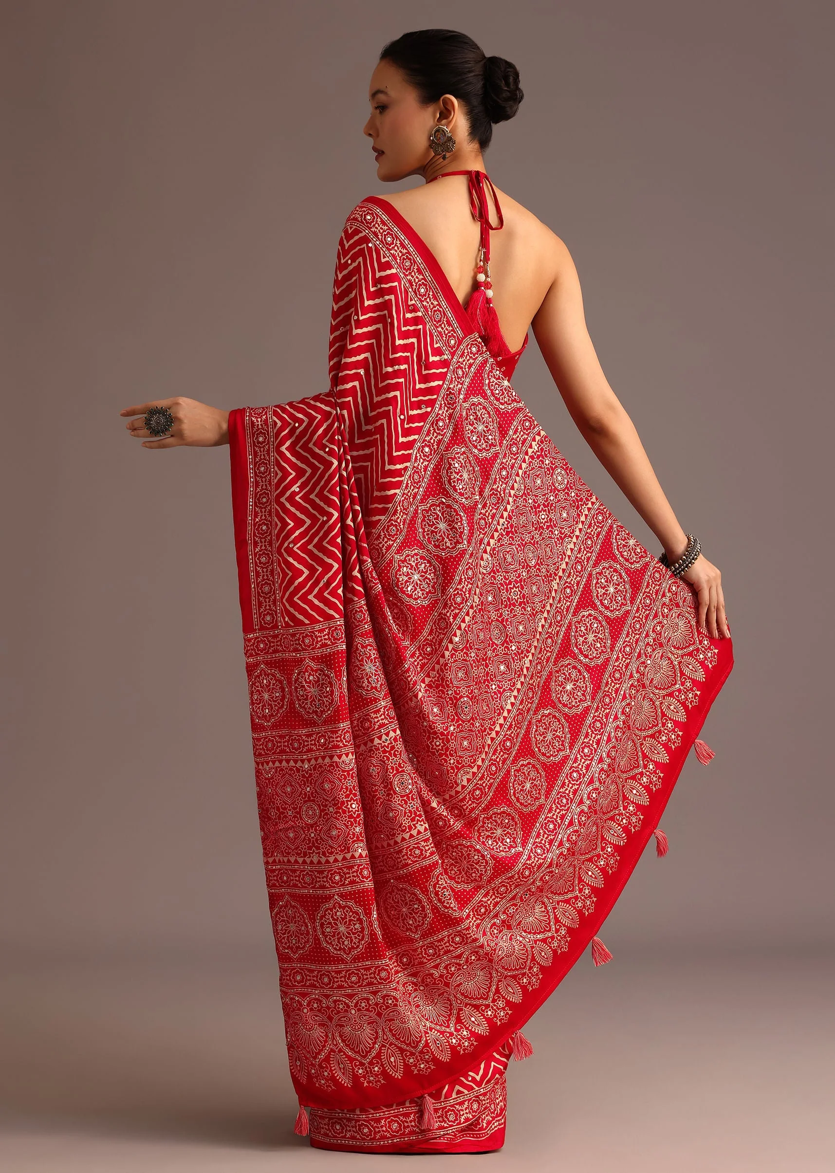 Red Chevron Printed Satin Saree - Image 4
