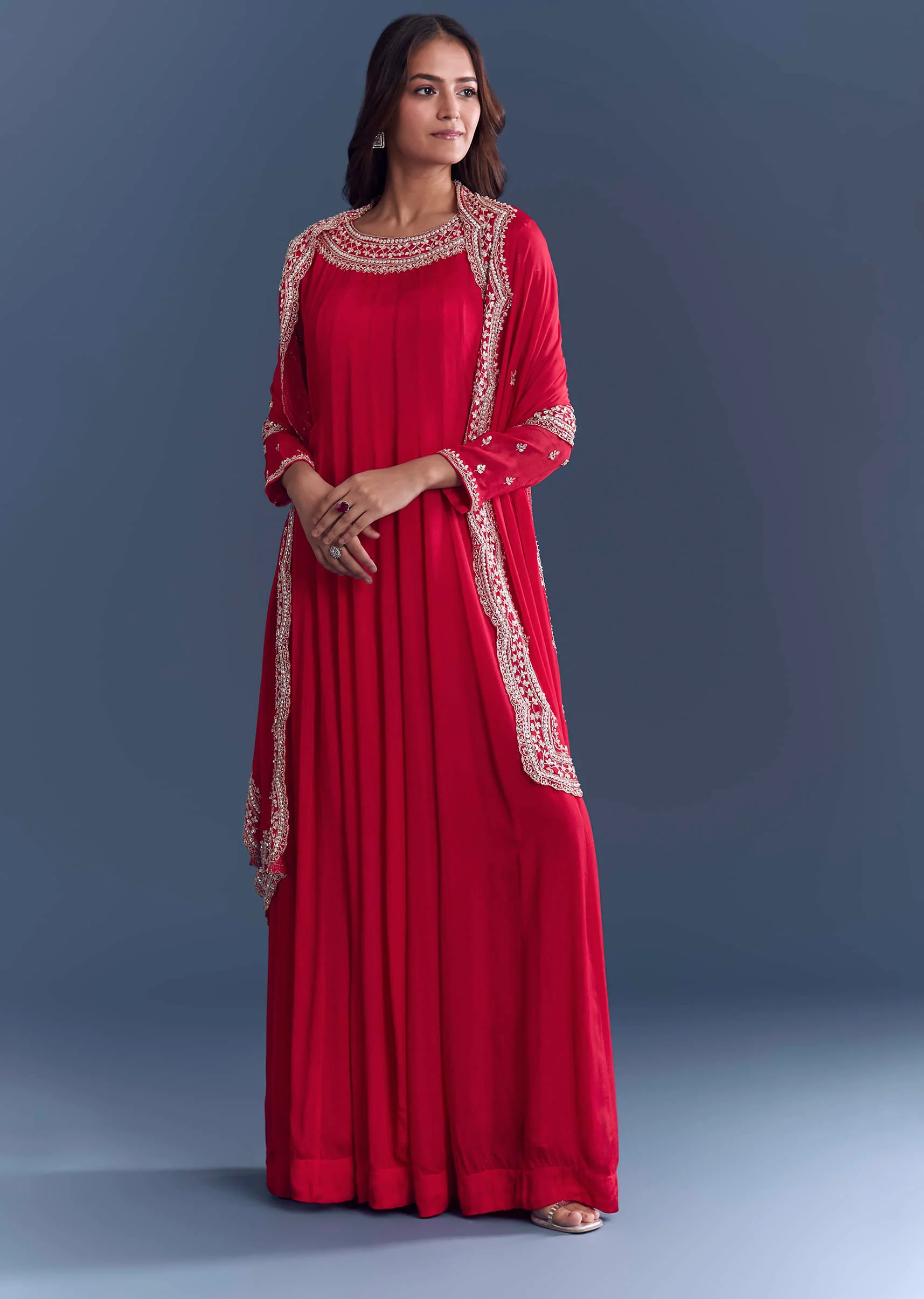 Red Chinon Anarkali Suit With Cutdana And Sequins Embroidery - Image 3