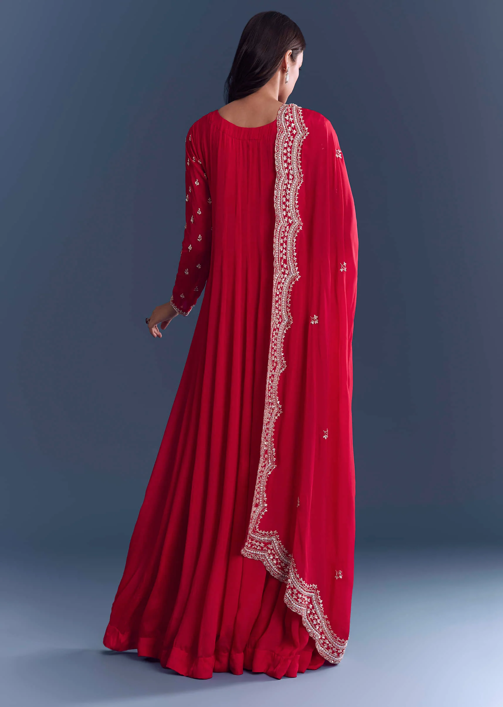Red Chinon Anarkali Suit With Cutdana And Sequins Embroidery - Image 5