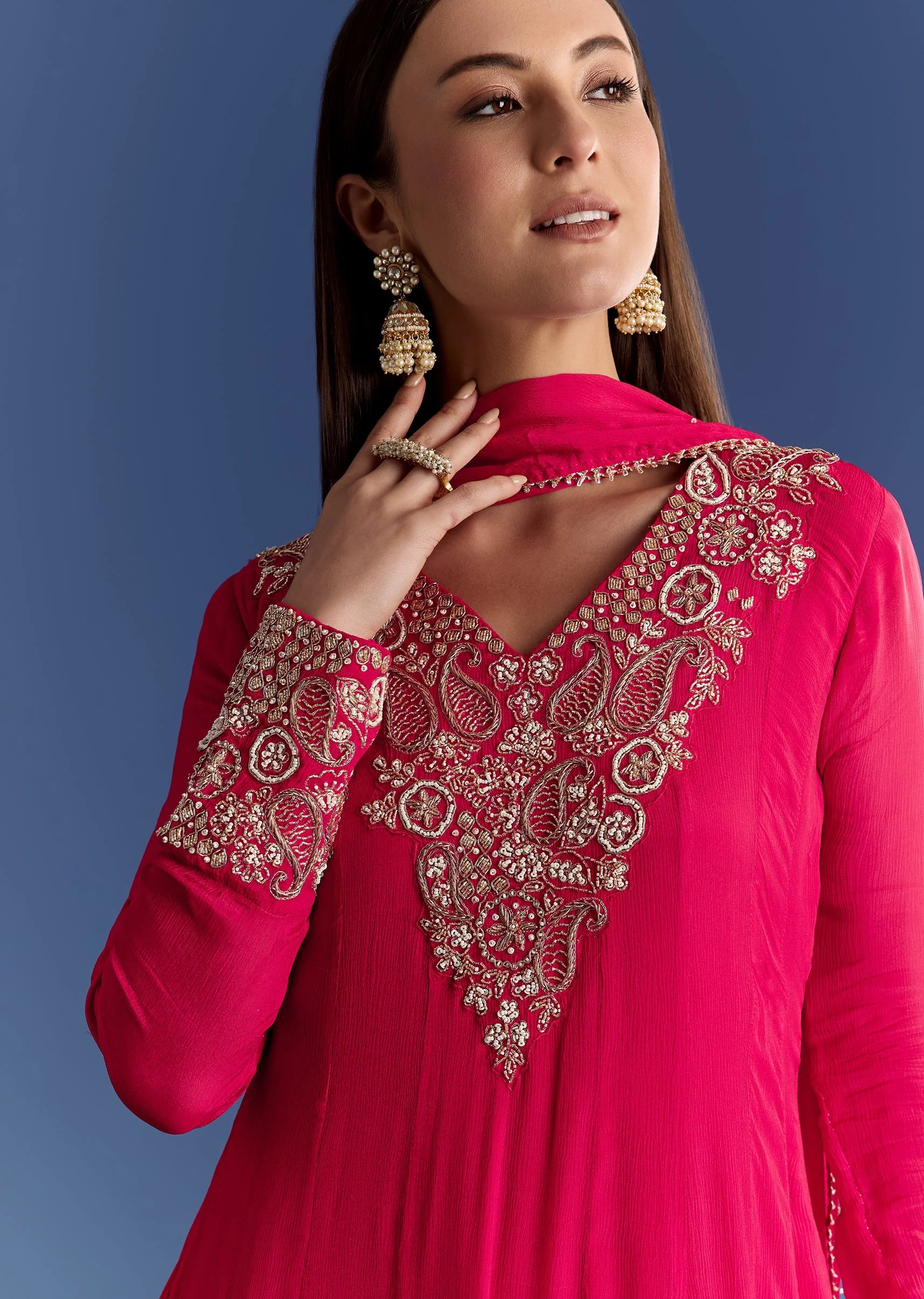 Red Chinon Anarkali With Moti And Gotta Lace Dupatta - Image 3
