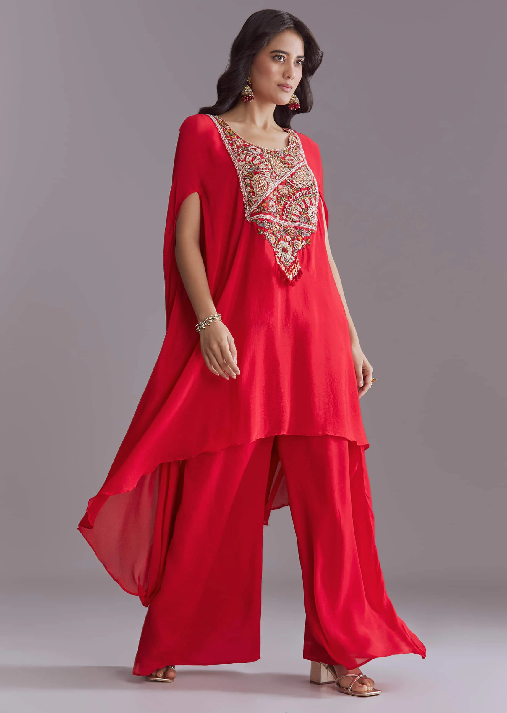 Red Chinon Kaftan Top And Palazzo Set With Embroidery - Image 3