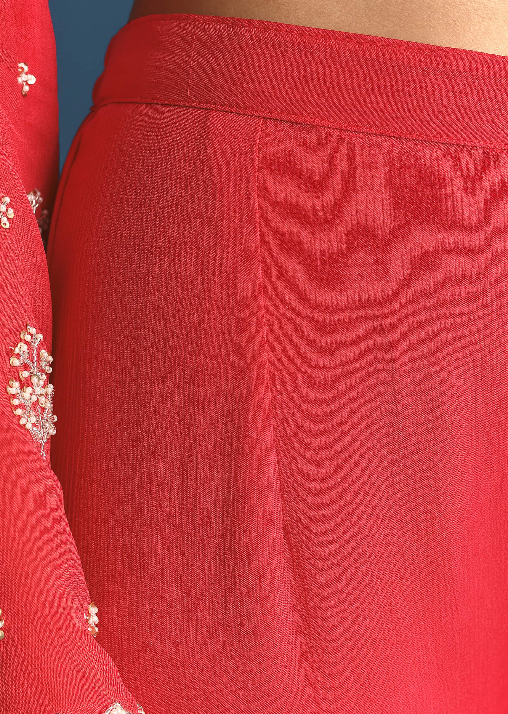 Red Chinon Kurta Sharara Suit With Moti And Cutdana Work - Image 6