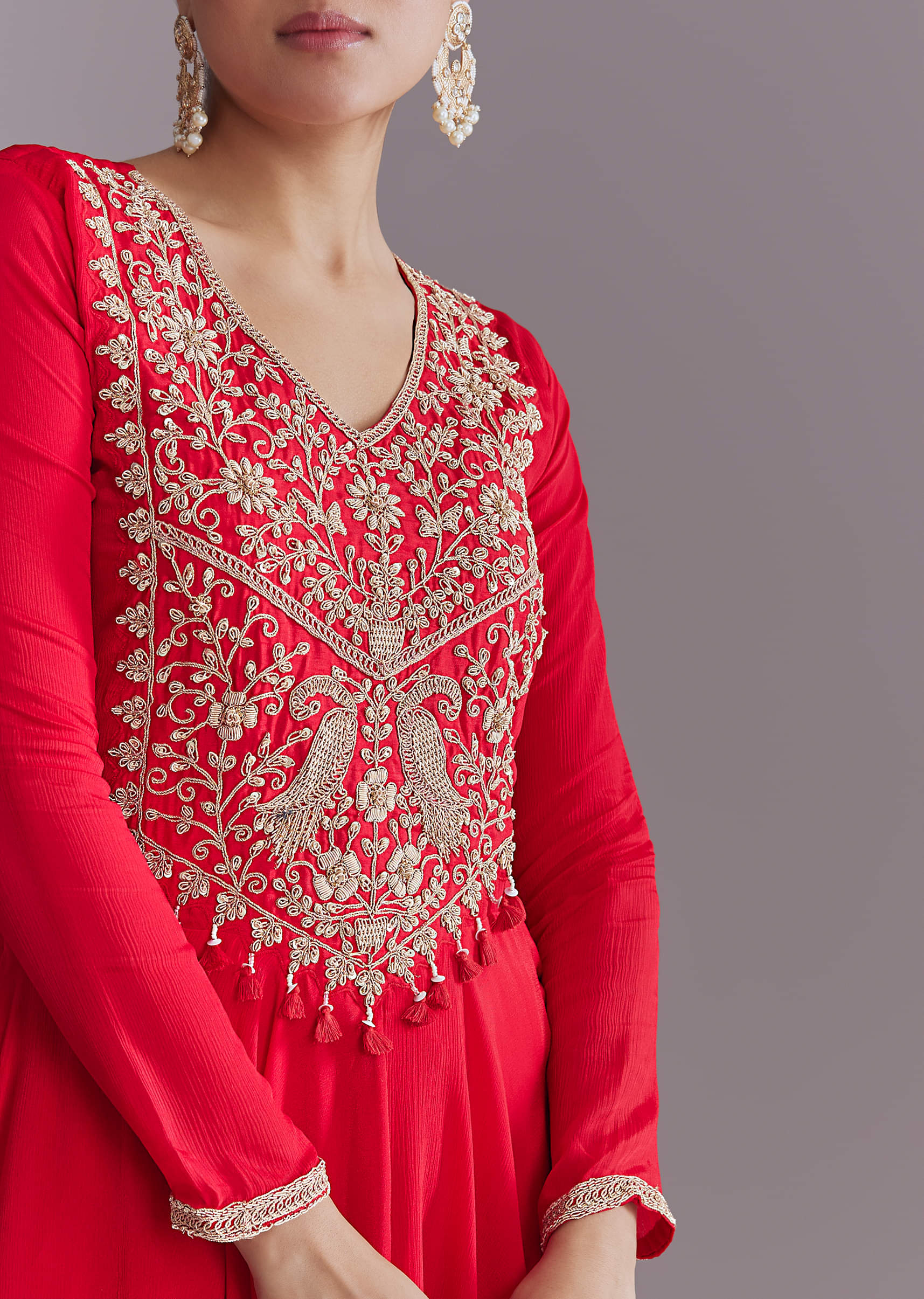 Red Chinon Peplum Kurta Set With Zardosi Work - Image 2