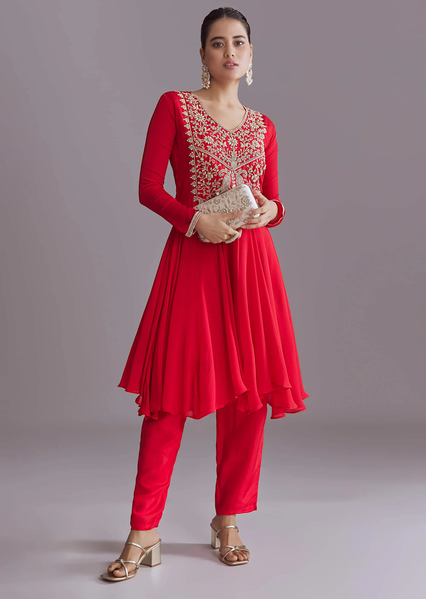 Red Chinon Peplum Kurta Set With Zardosi Work - Image 3