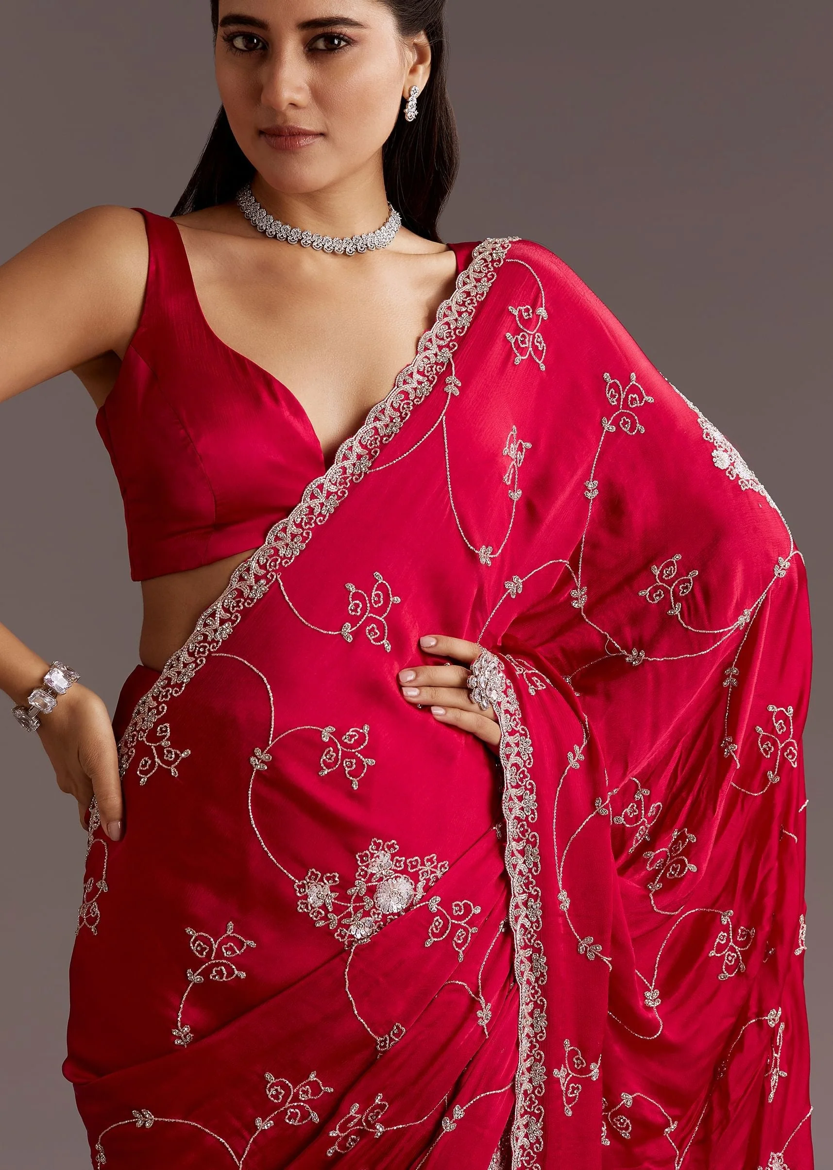 Red Chinon Saree With Floral Cutdana Sequins Jaal And Scallop Border - Image 2