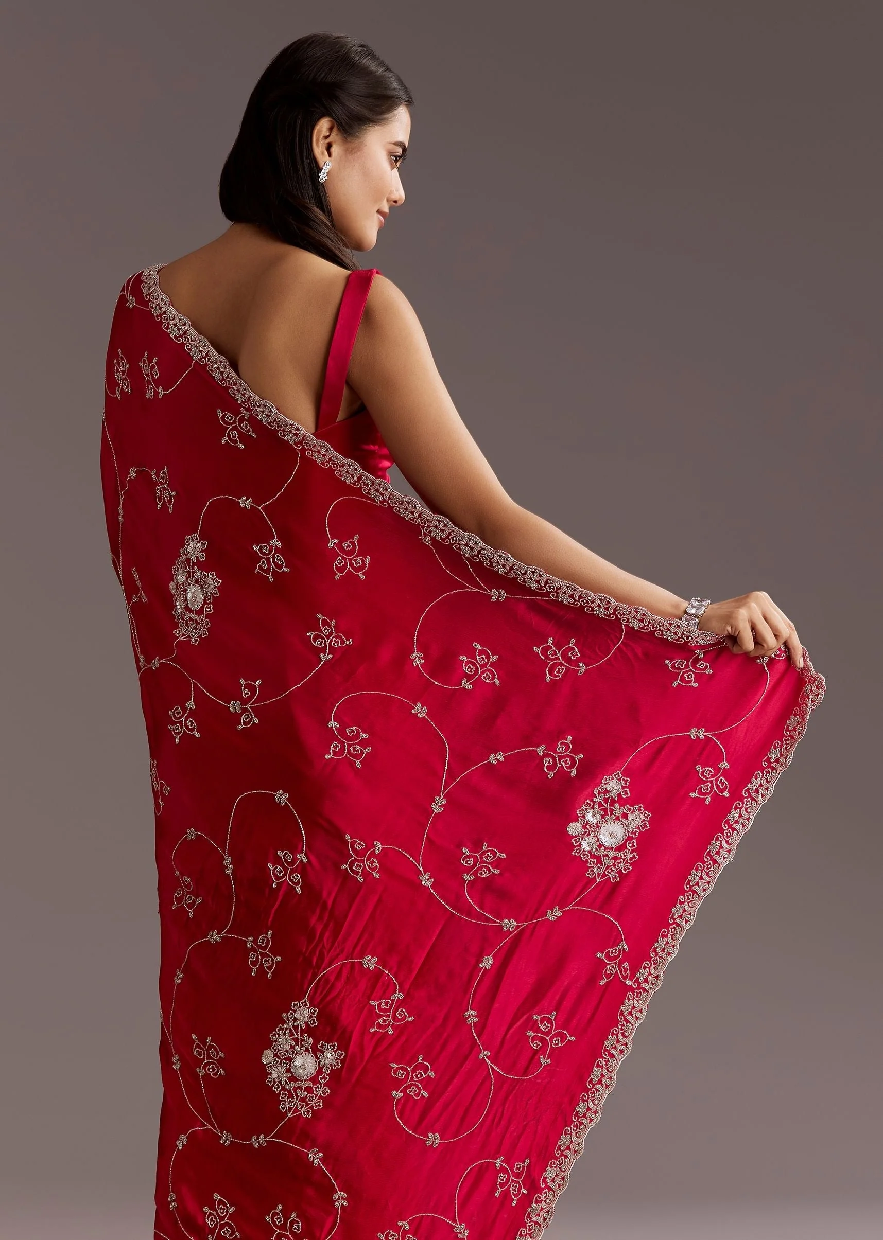 Red Chinon Saree With Floral Cutdana Sequins Jaal And Scallop Border - Image 4