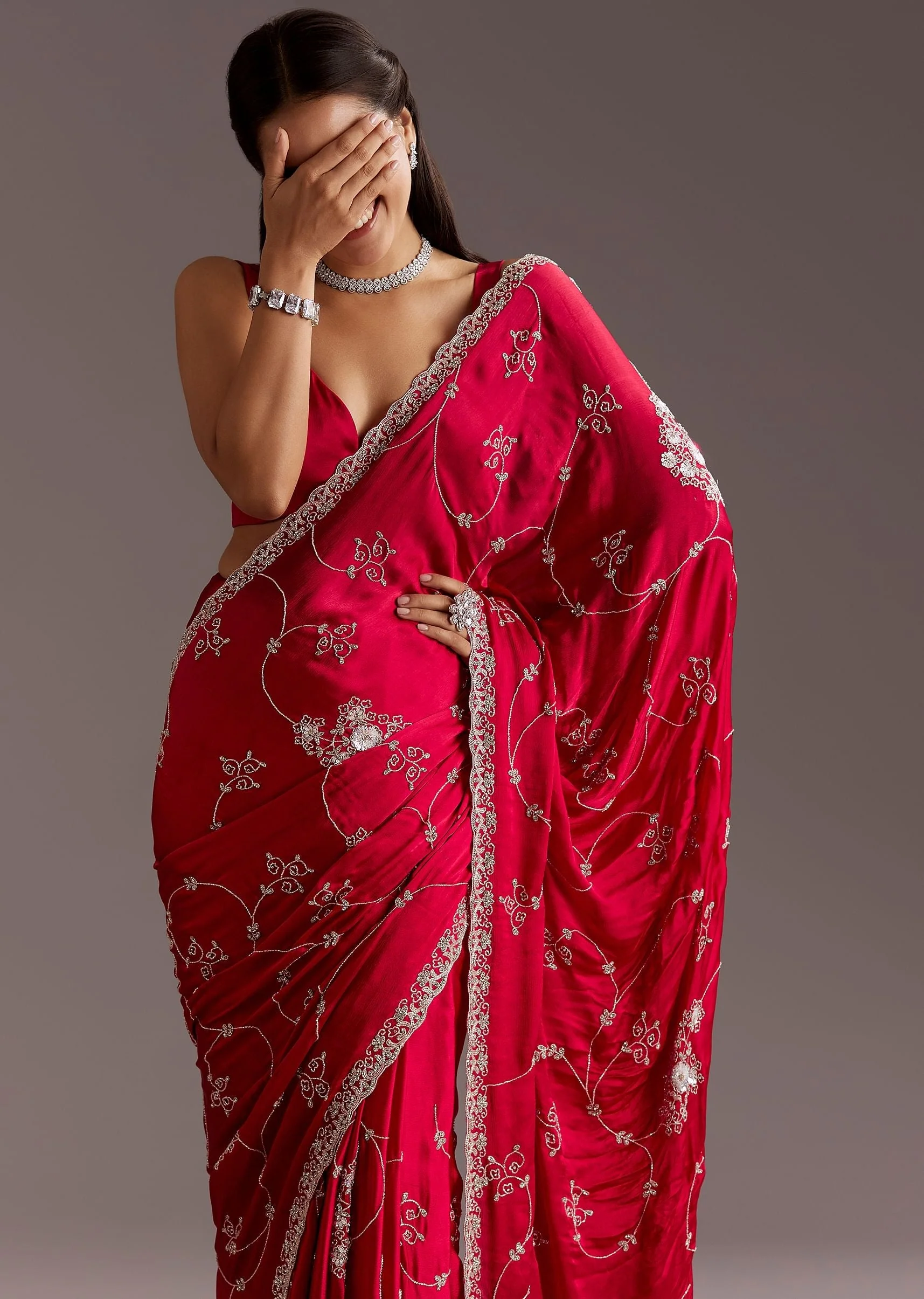 Red Chinon Saree With Floral Cutdana Sequins Jaal And Scallop Border - Image 5