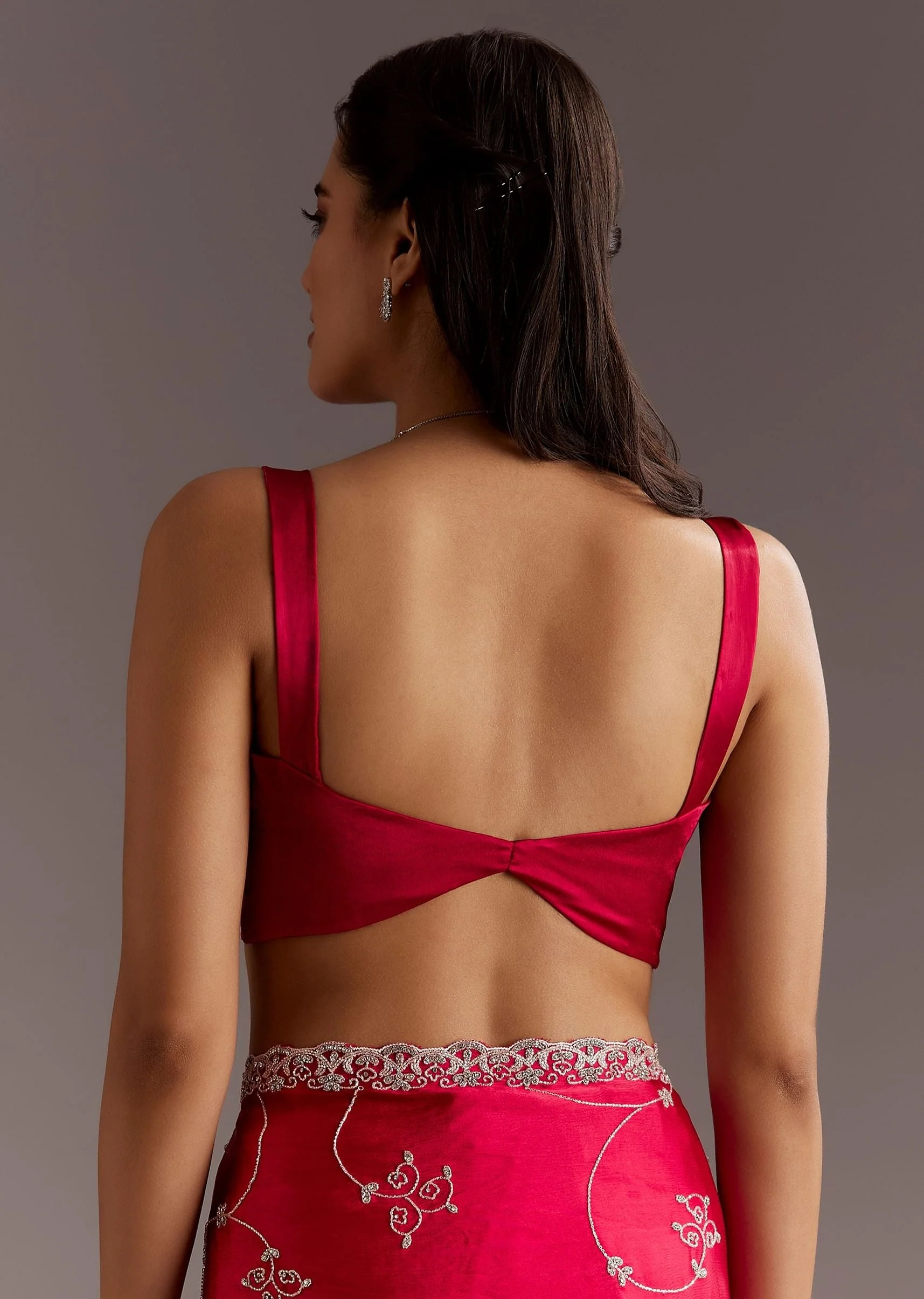 Red Chinon Saree With Floral Cutdana Sequins Jaal And Scallop Border - Image 8
